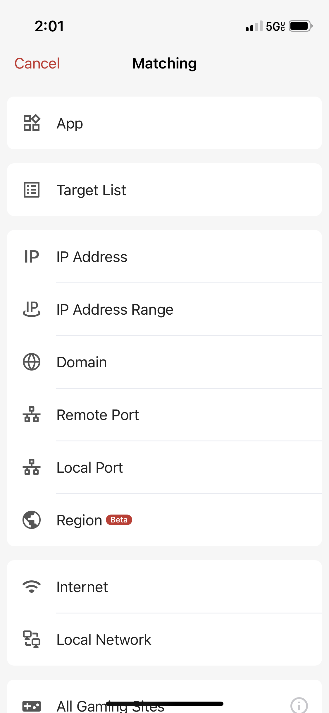 Place the matching component for a new rule to block a domain, IP, IP-range via the rules button