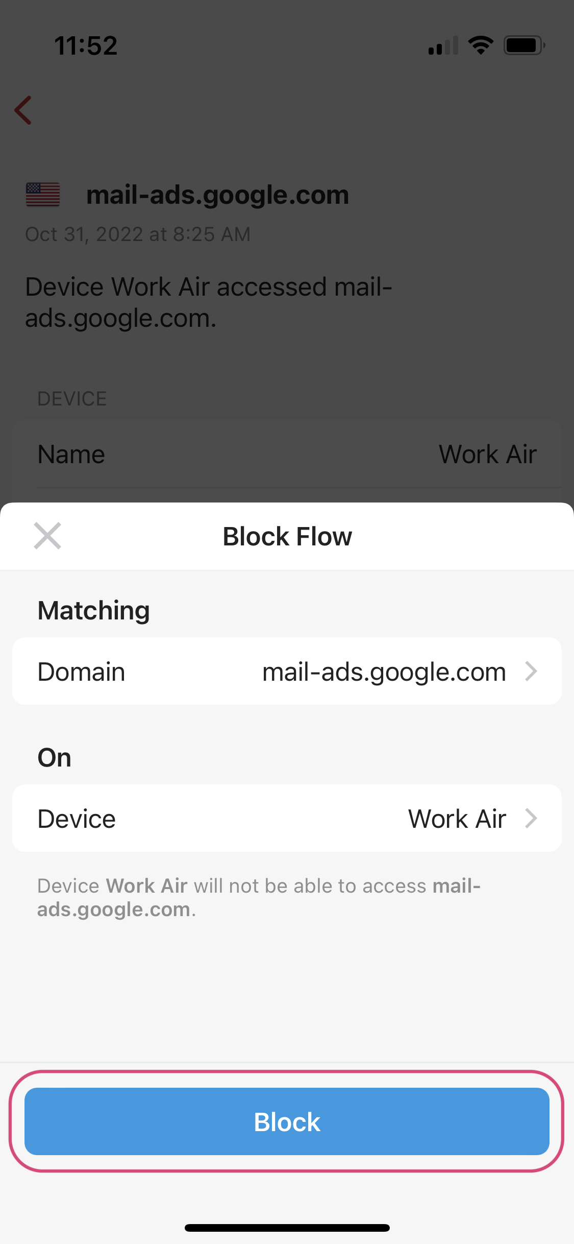 Now that you have select the network and the block option you will now select the block button