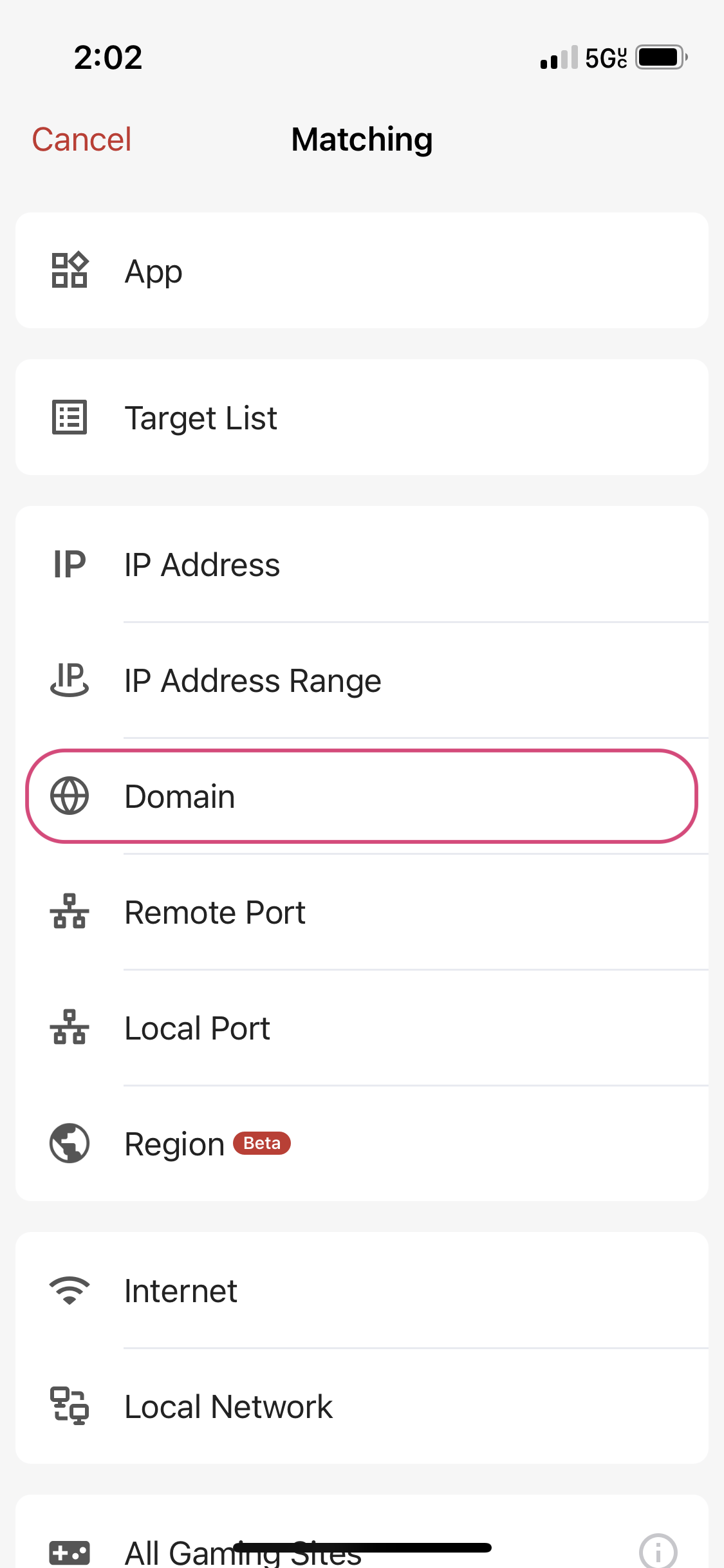 Select the domain option from the matching step in the new rule