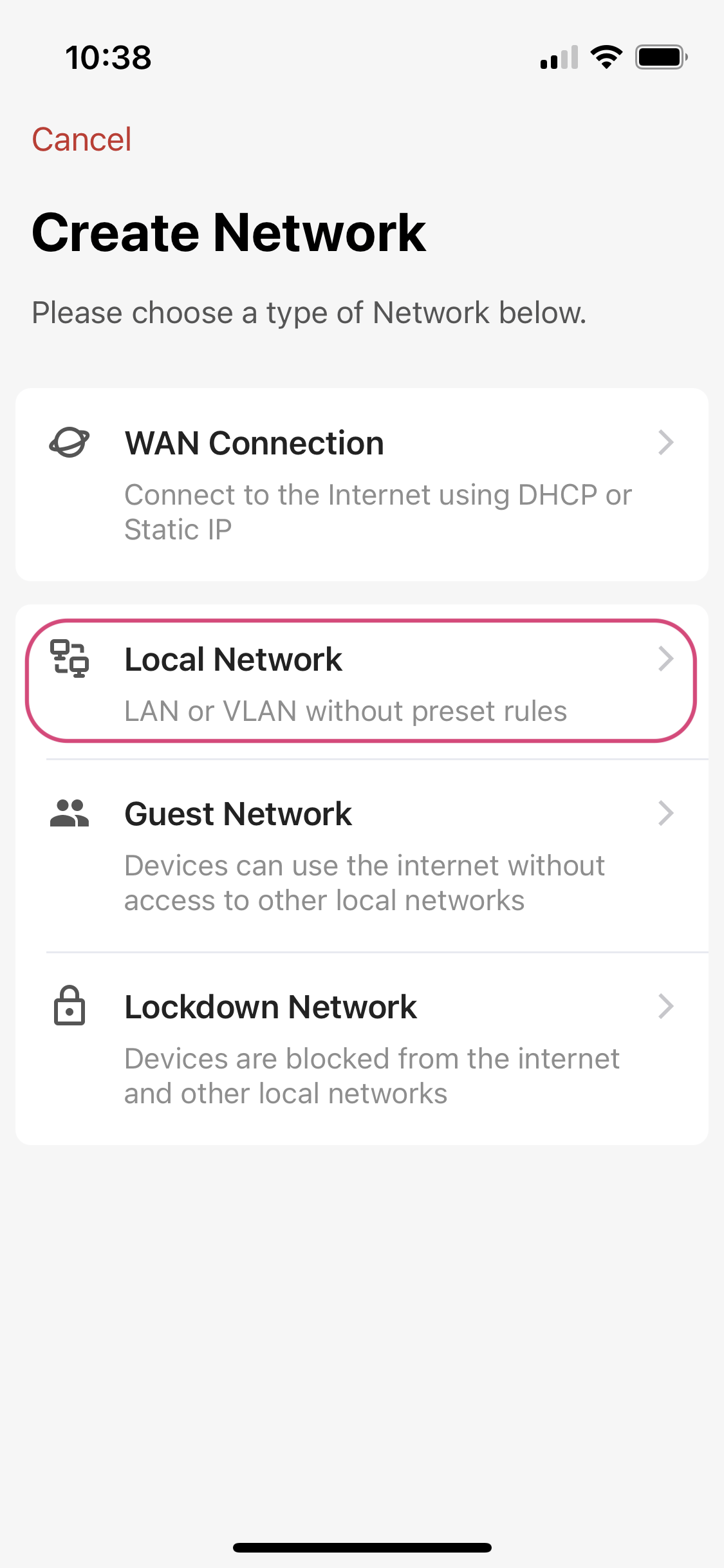 Choose the Local Network option for your IoT devices