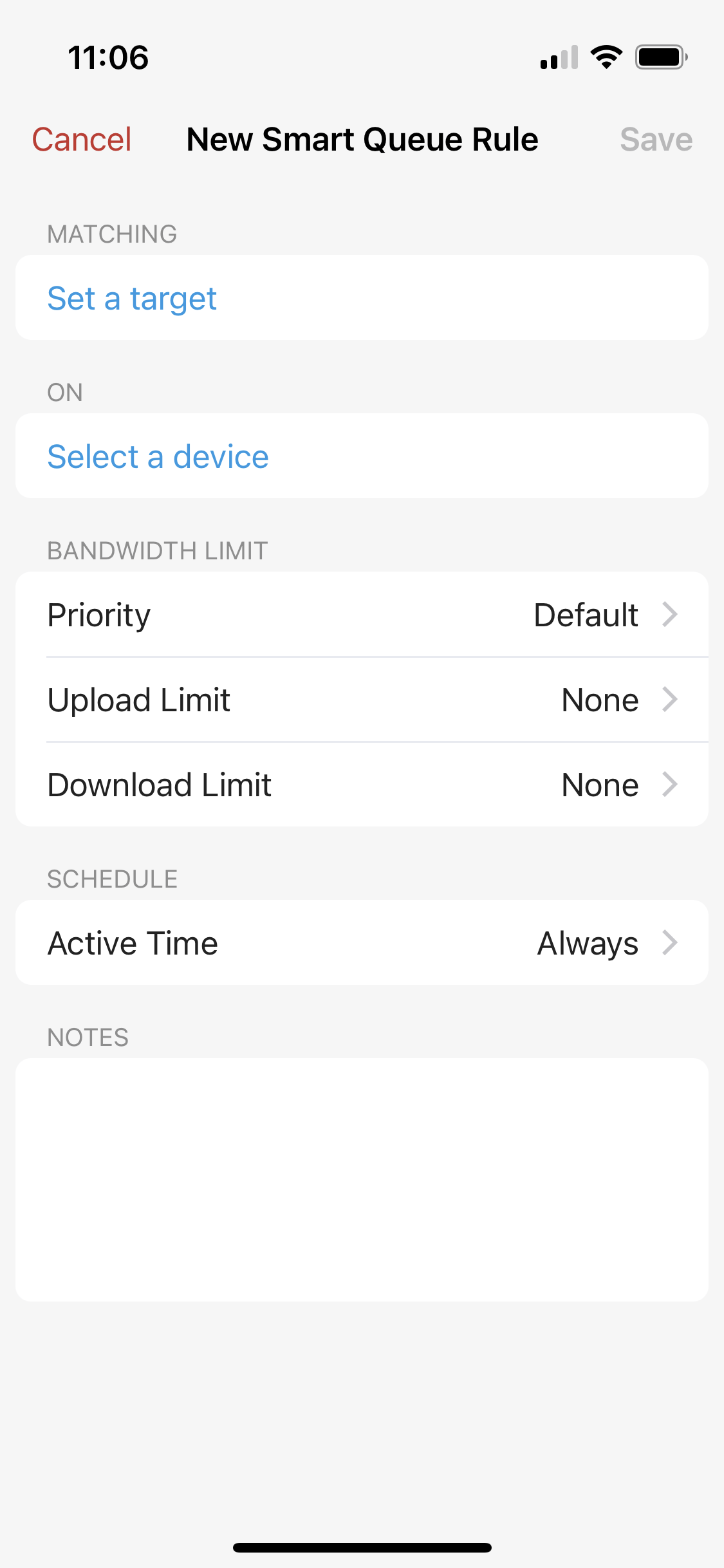 Set up the target, device and other options for your smart queue