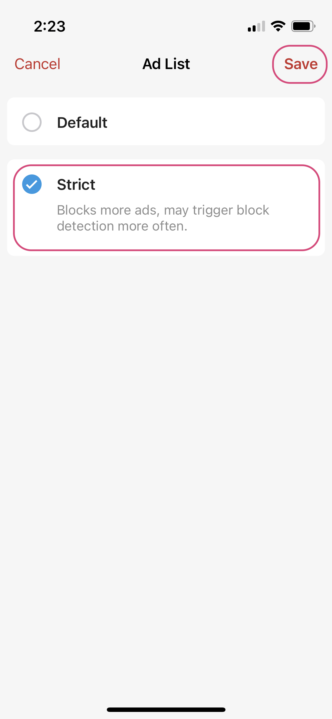 Choose the Default or Strict options and then save to complete the Ad Block set up