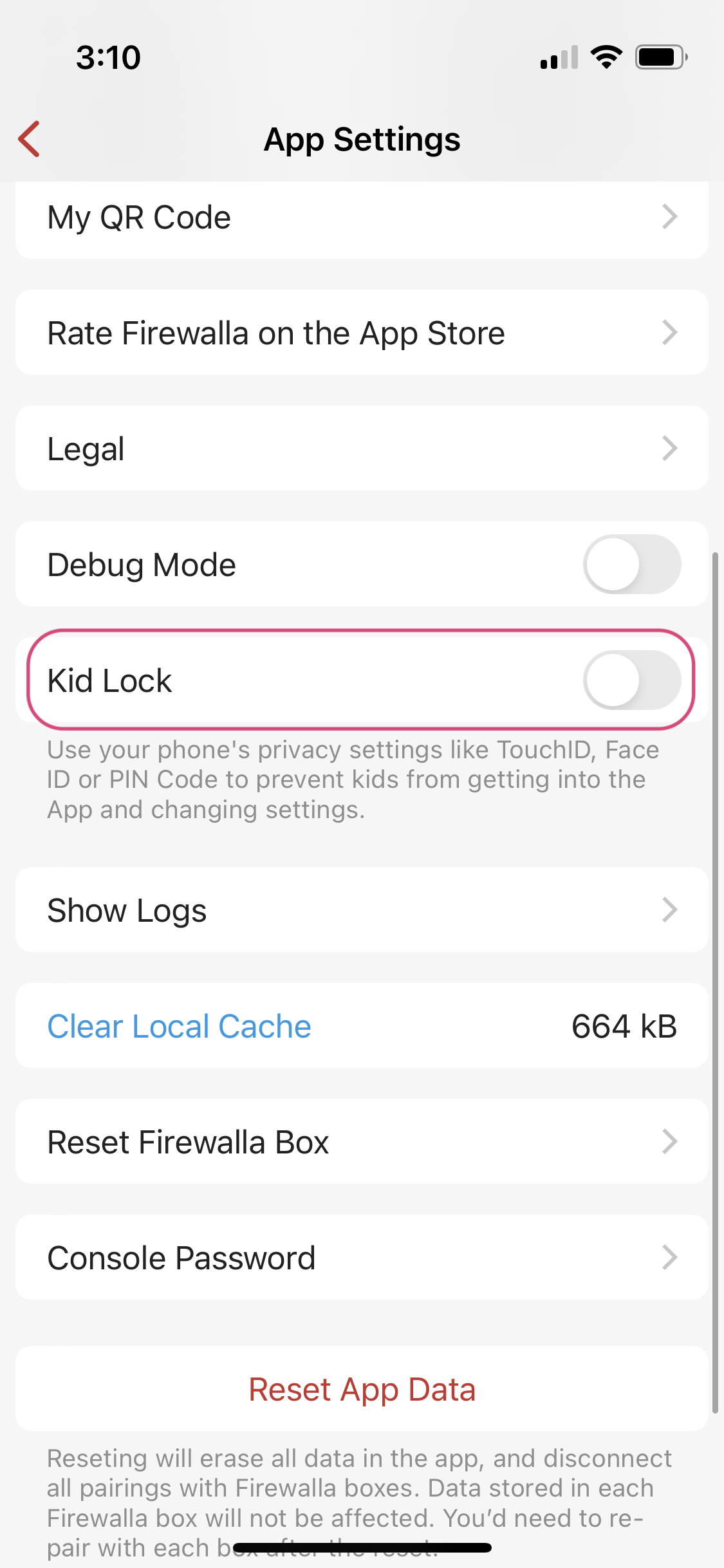 Kid Lock app option example