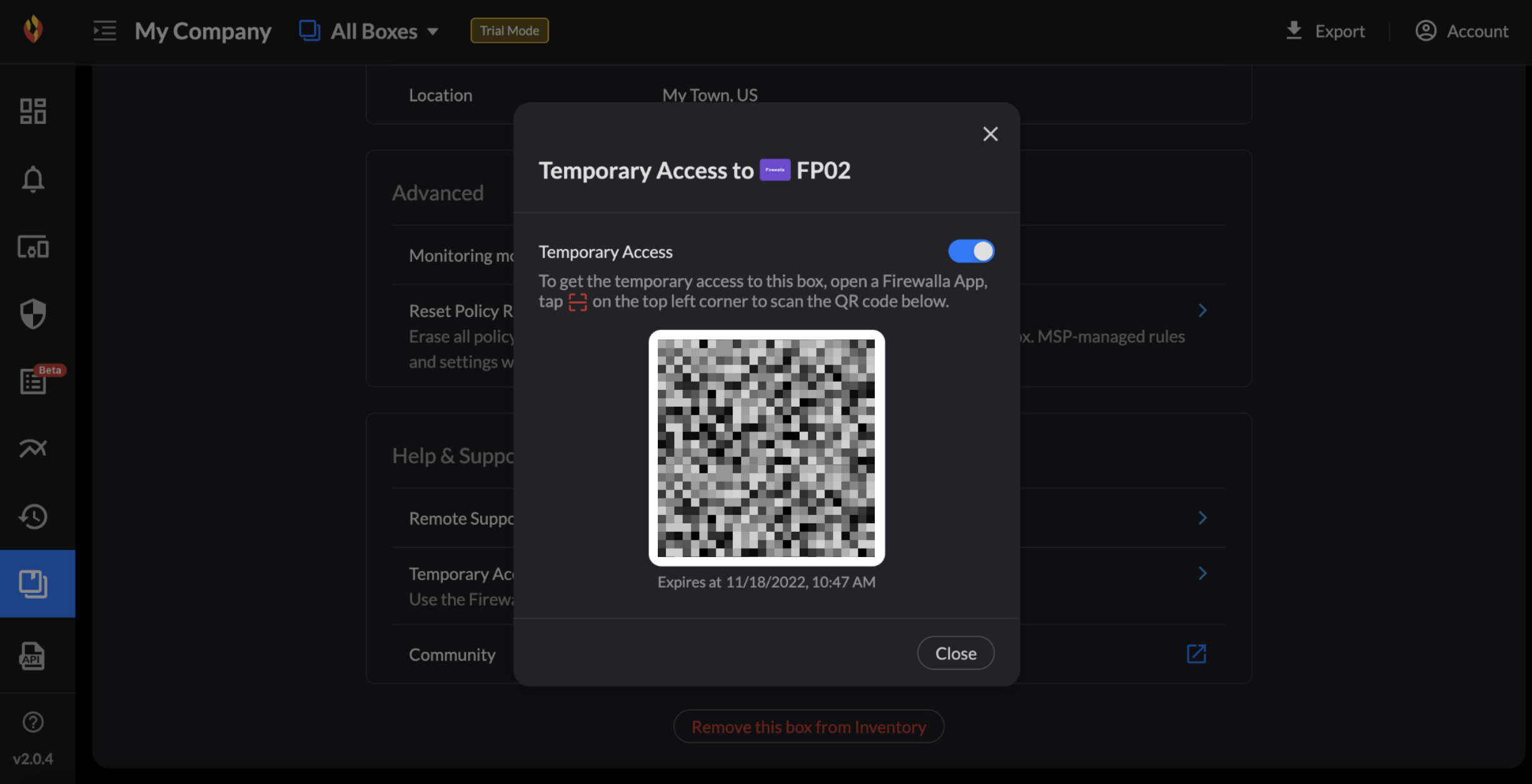 Firewalla MSP Portal with temporary access QR code to access Firewalla box