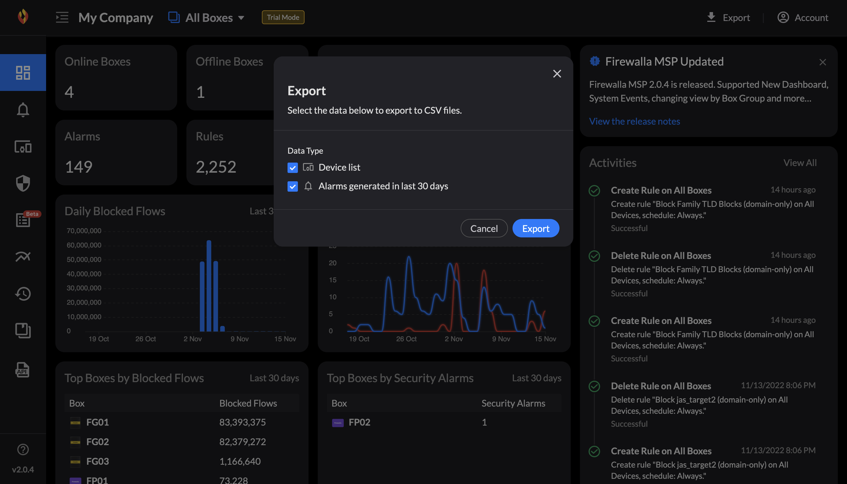 Firewalla MSP portal Export Data Prompt with data type selections