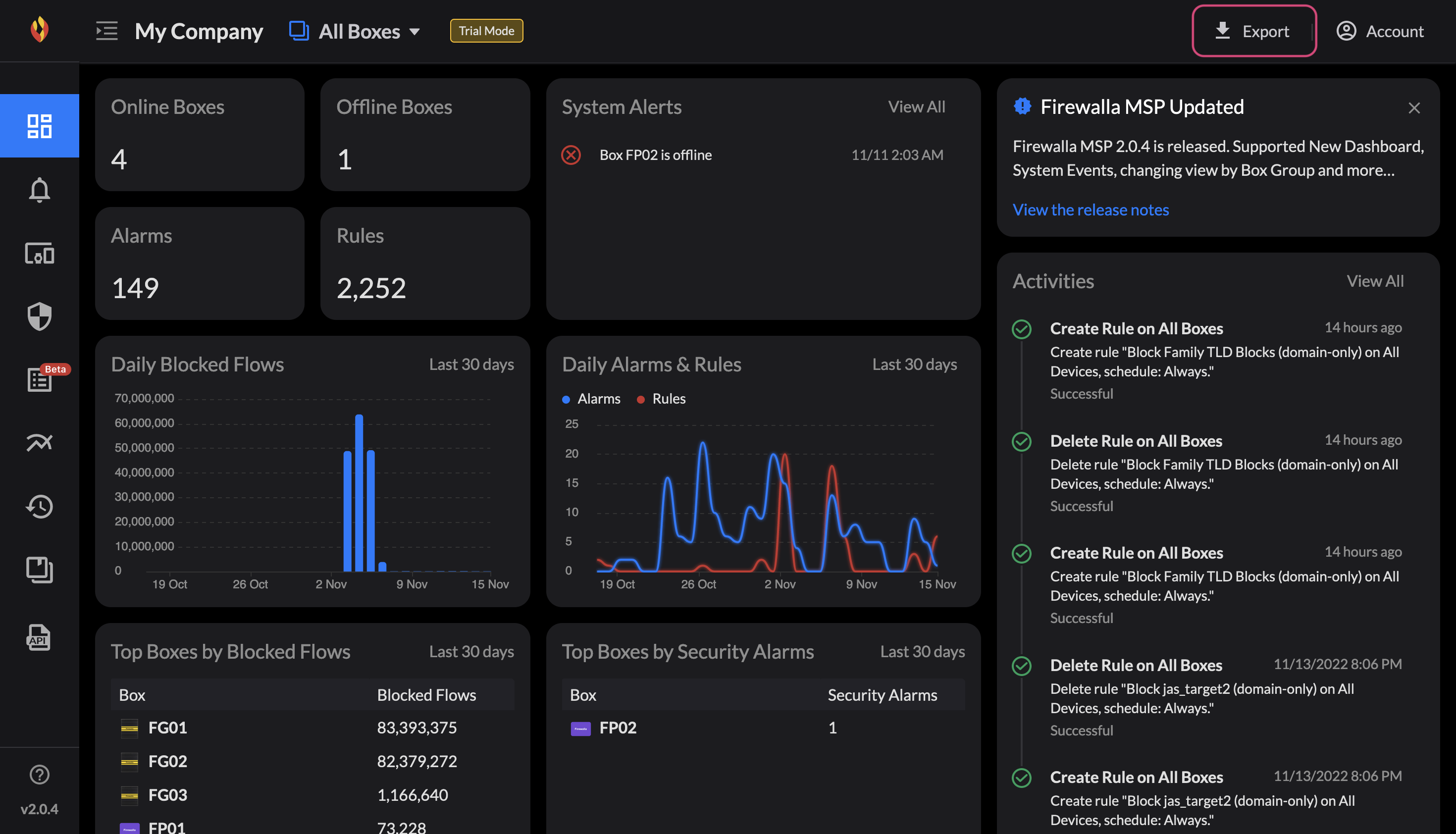 Firewalla MSP Portal Export Data Function