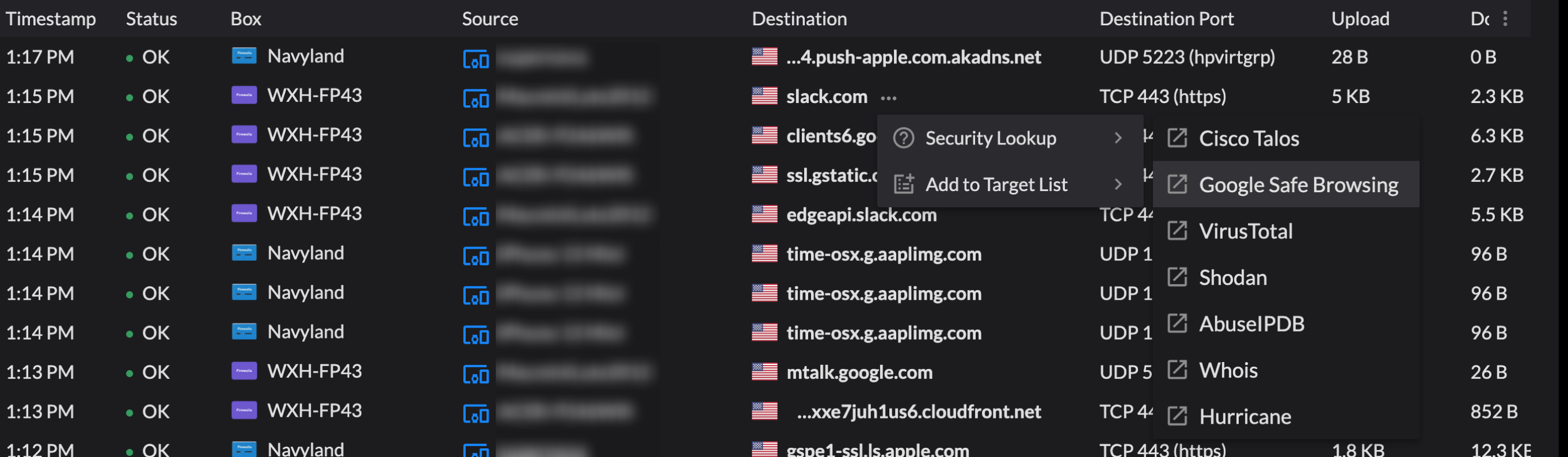 Firewalla MSP Portal allows for 3rd-party platform security lookup from the flow list