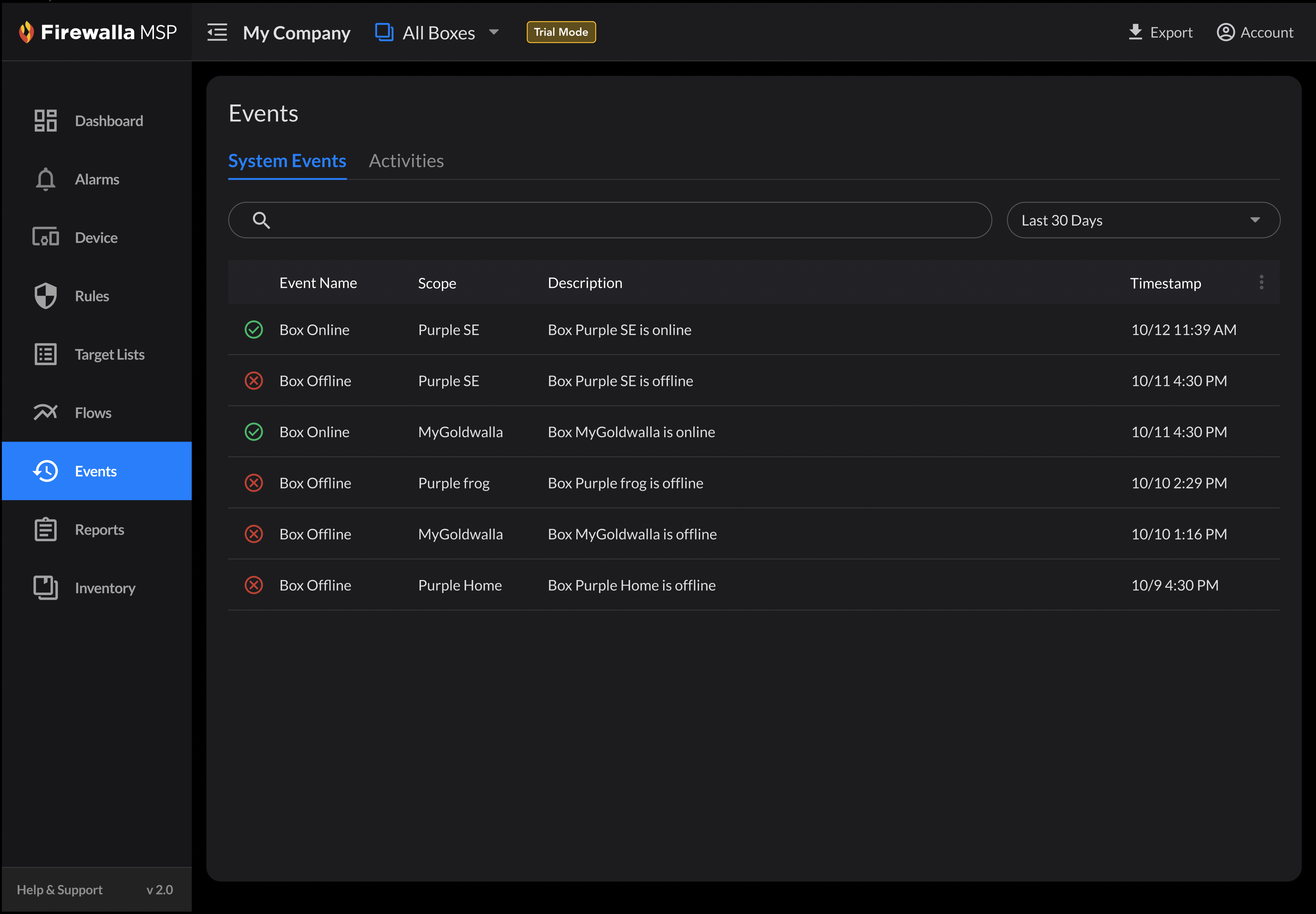 Firewalla MSP Portal Event and Activities list