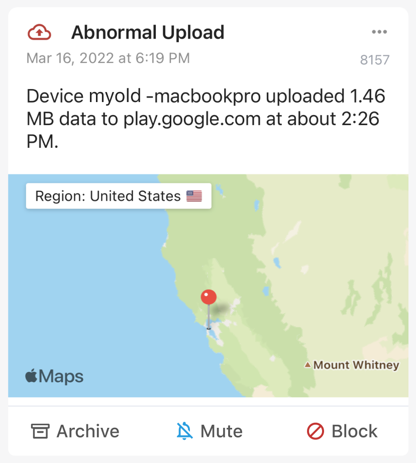 Firewalla example of an abnormal upload alarm in California