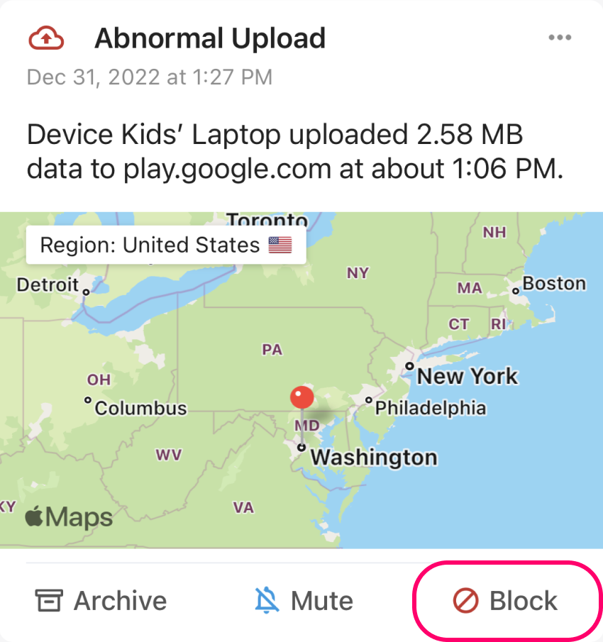Firewalla Example Alarm Notification blocking current and future activity