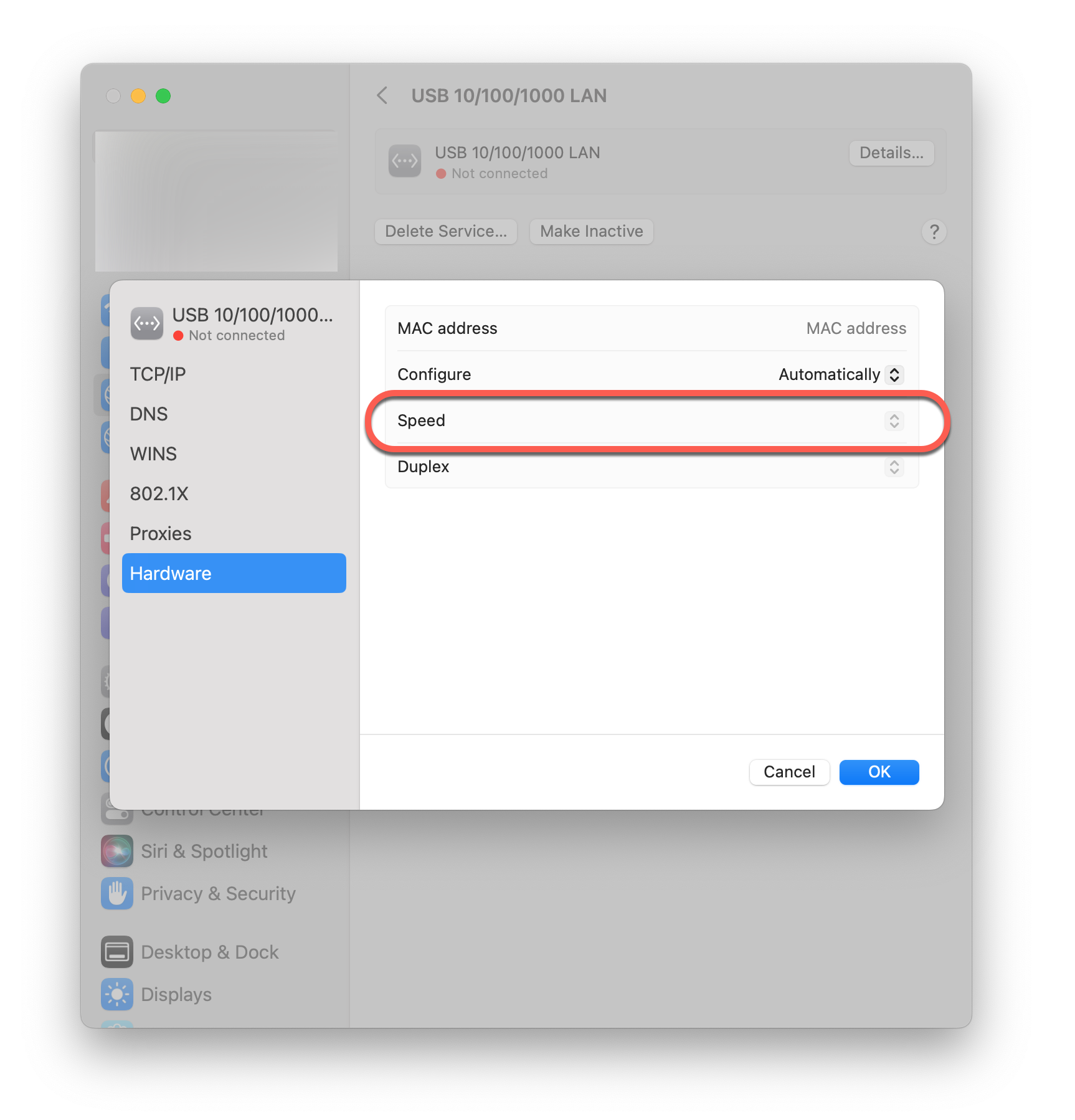 MacOS connecting menu displays the option to set hardware speed to automatic or a fixed speed.