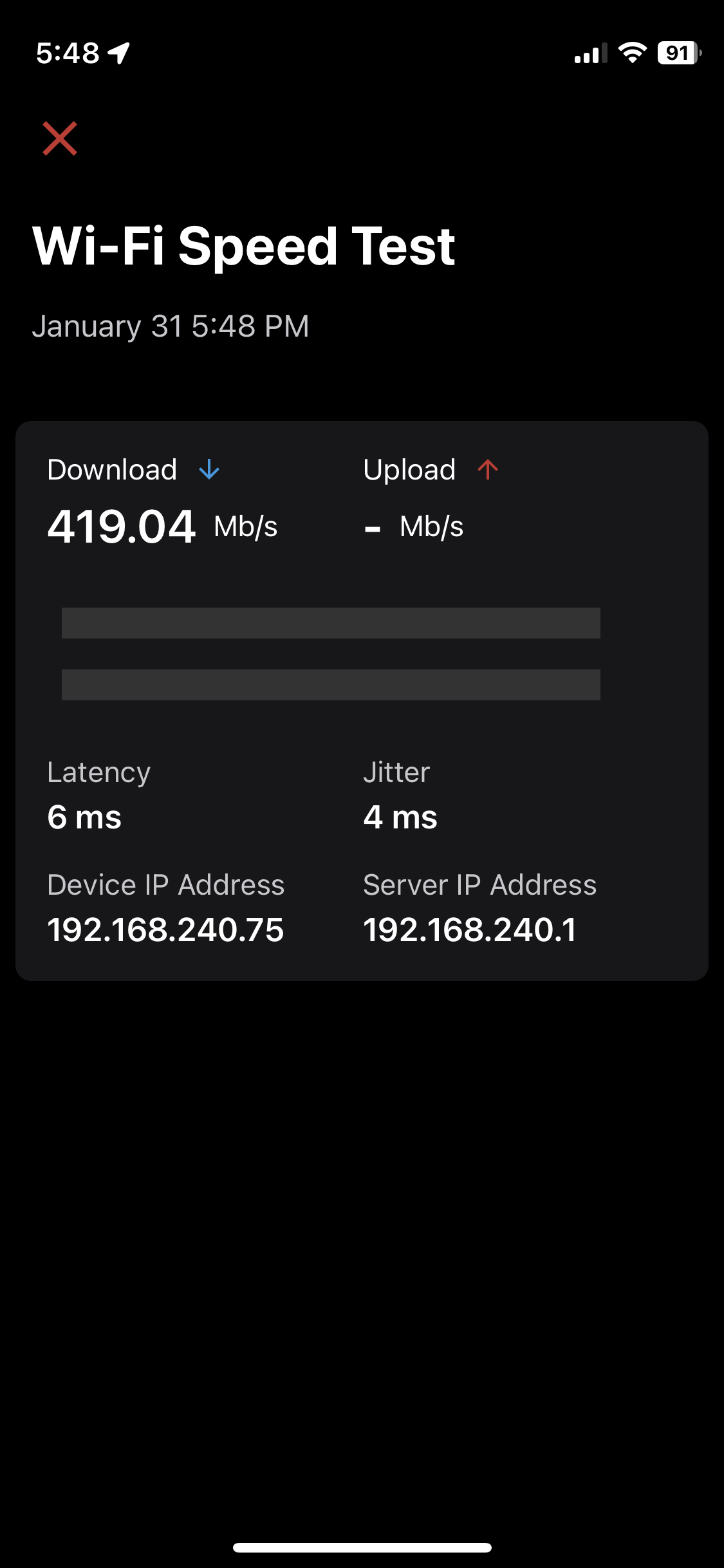 Speed test conducted Firewalla mobile app tests connection from the device to Firewalla