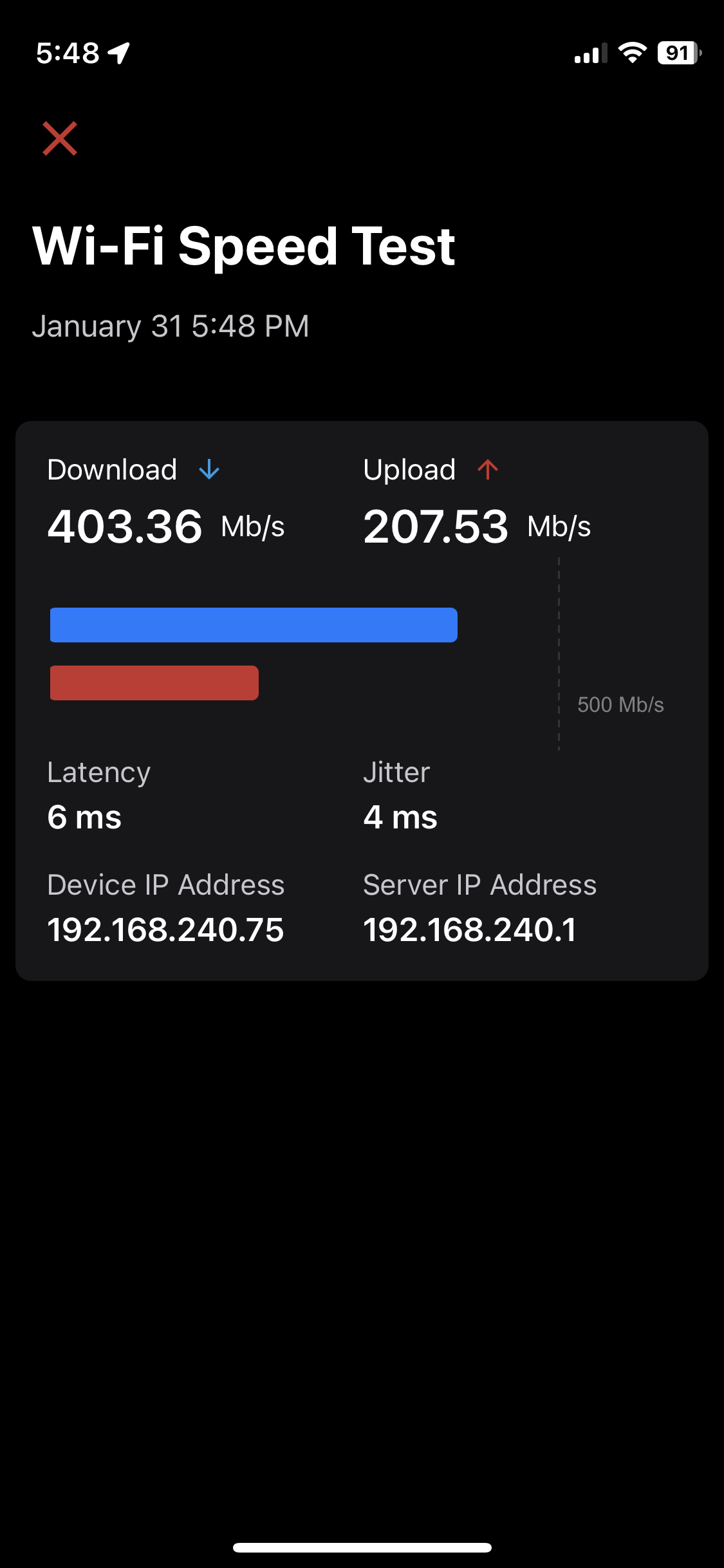 Speed test completed displays consistent upload and download speed with a bar graph visual.