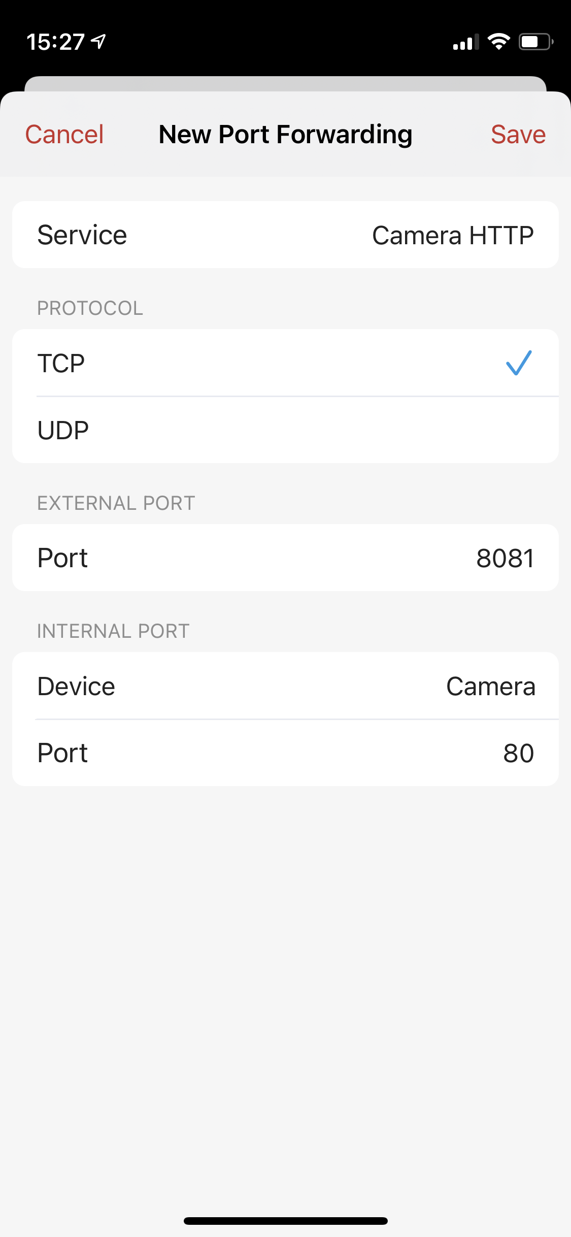 New Port Forwarding settings for Camera device