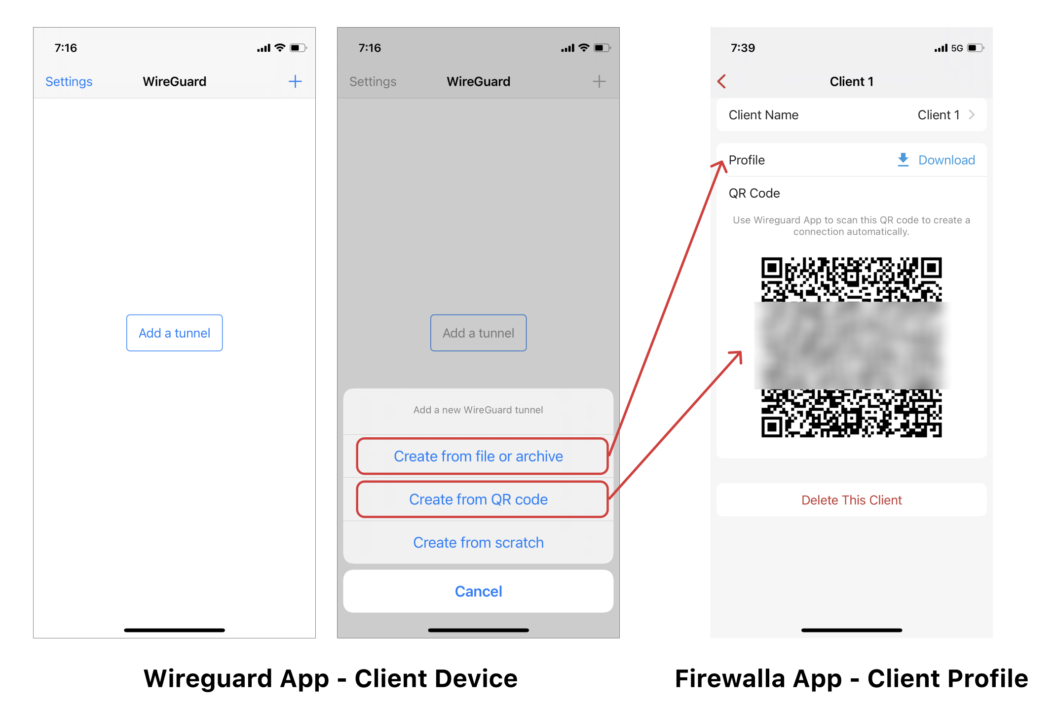  WireGuard VPN can be connected by creating from file or create from QR code from the Firewalla app. Example shown.