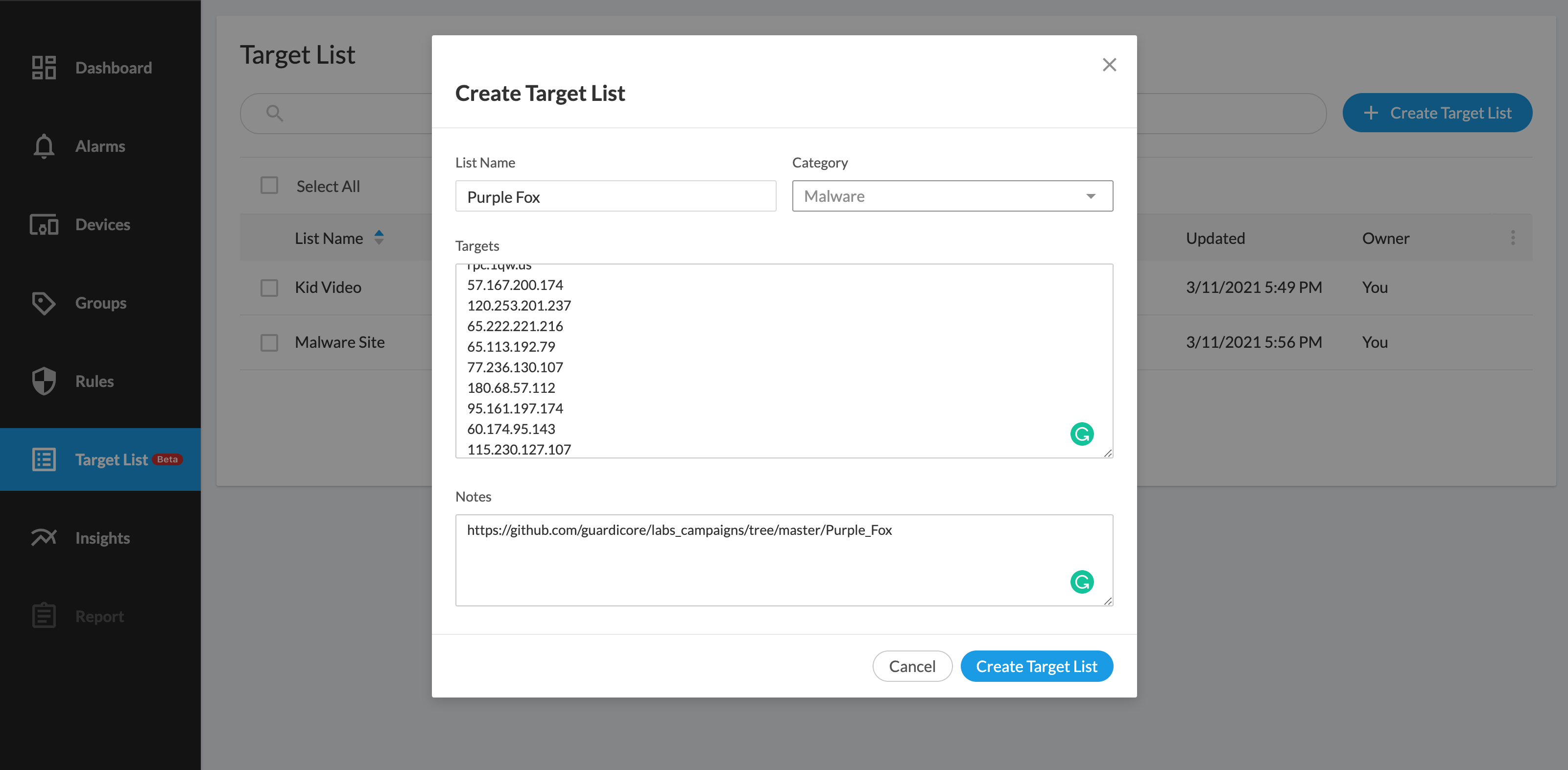 Target List Security Example 