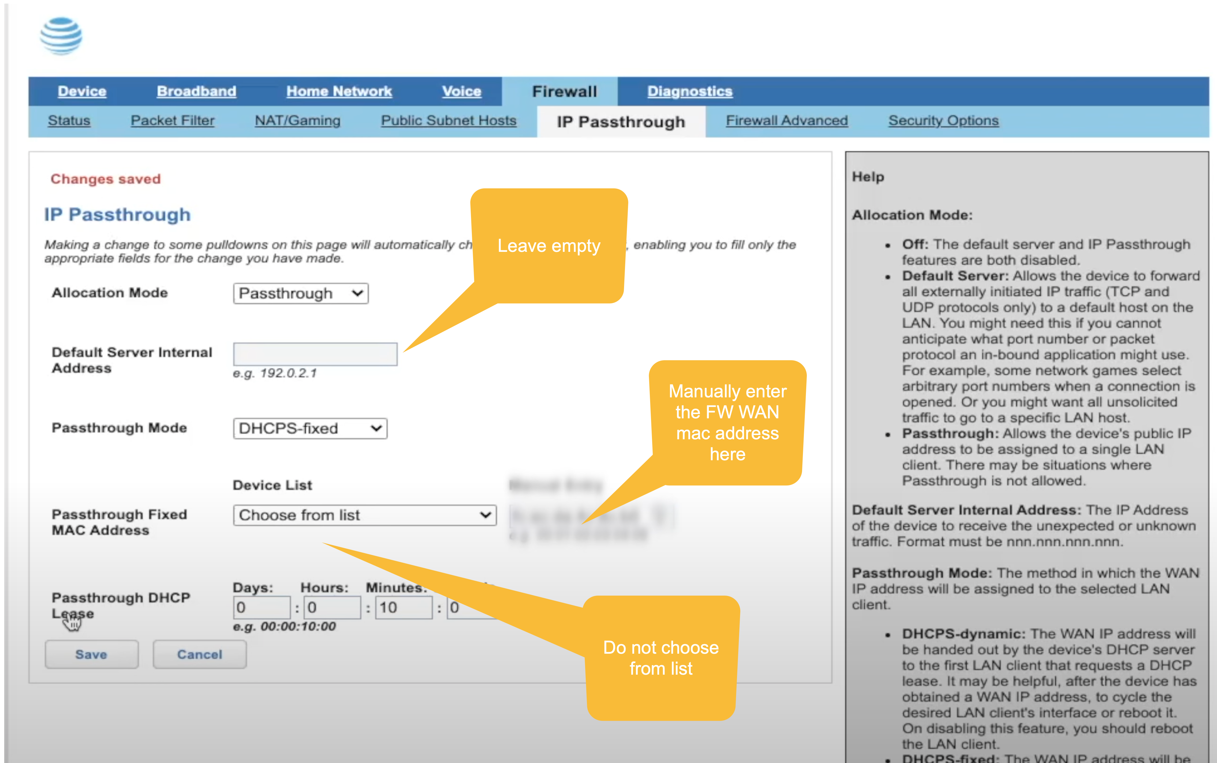 AT&T Router settings displaying IP Passthrough settings and recommended configurations
