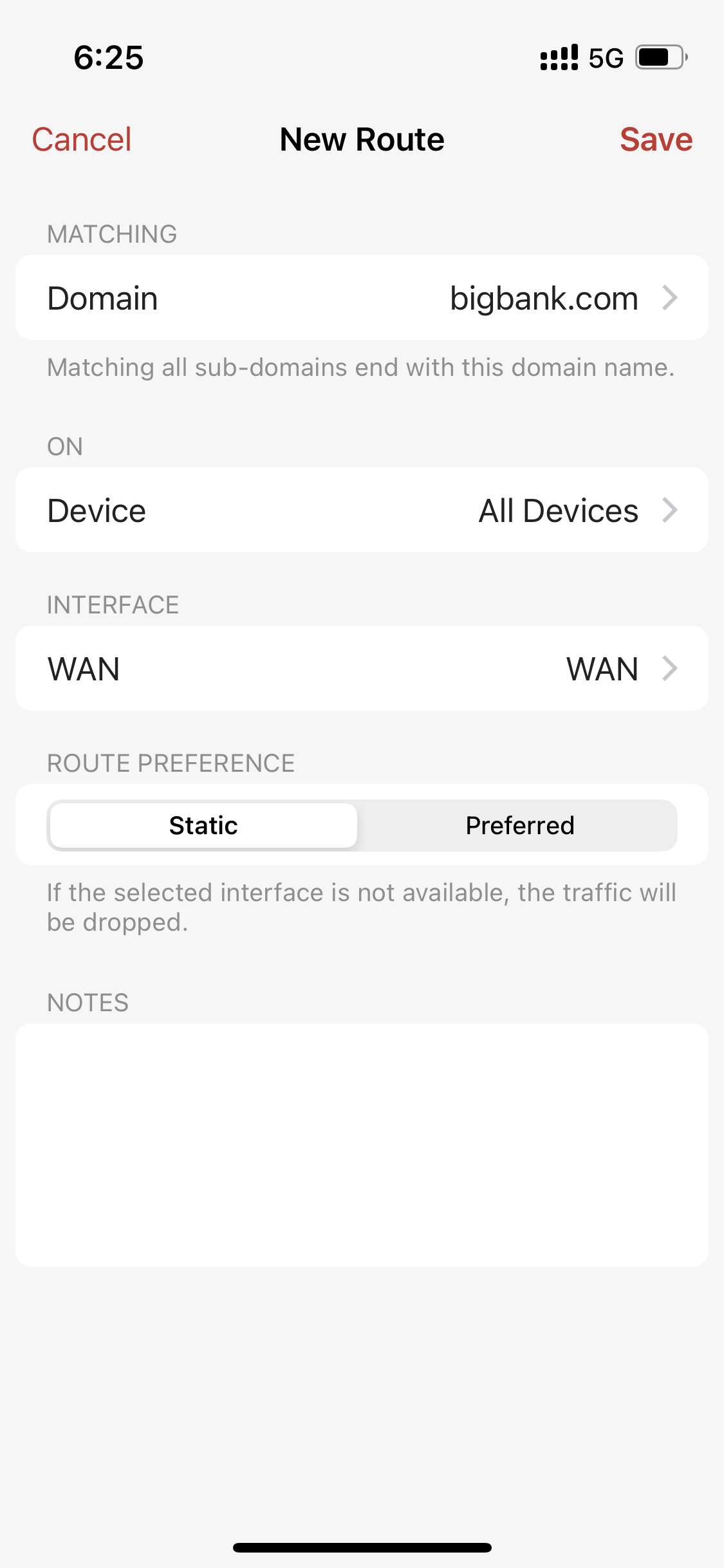 Route device traffic matching your bank domain name only for a set of devices in your group