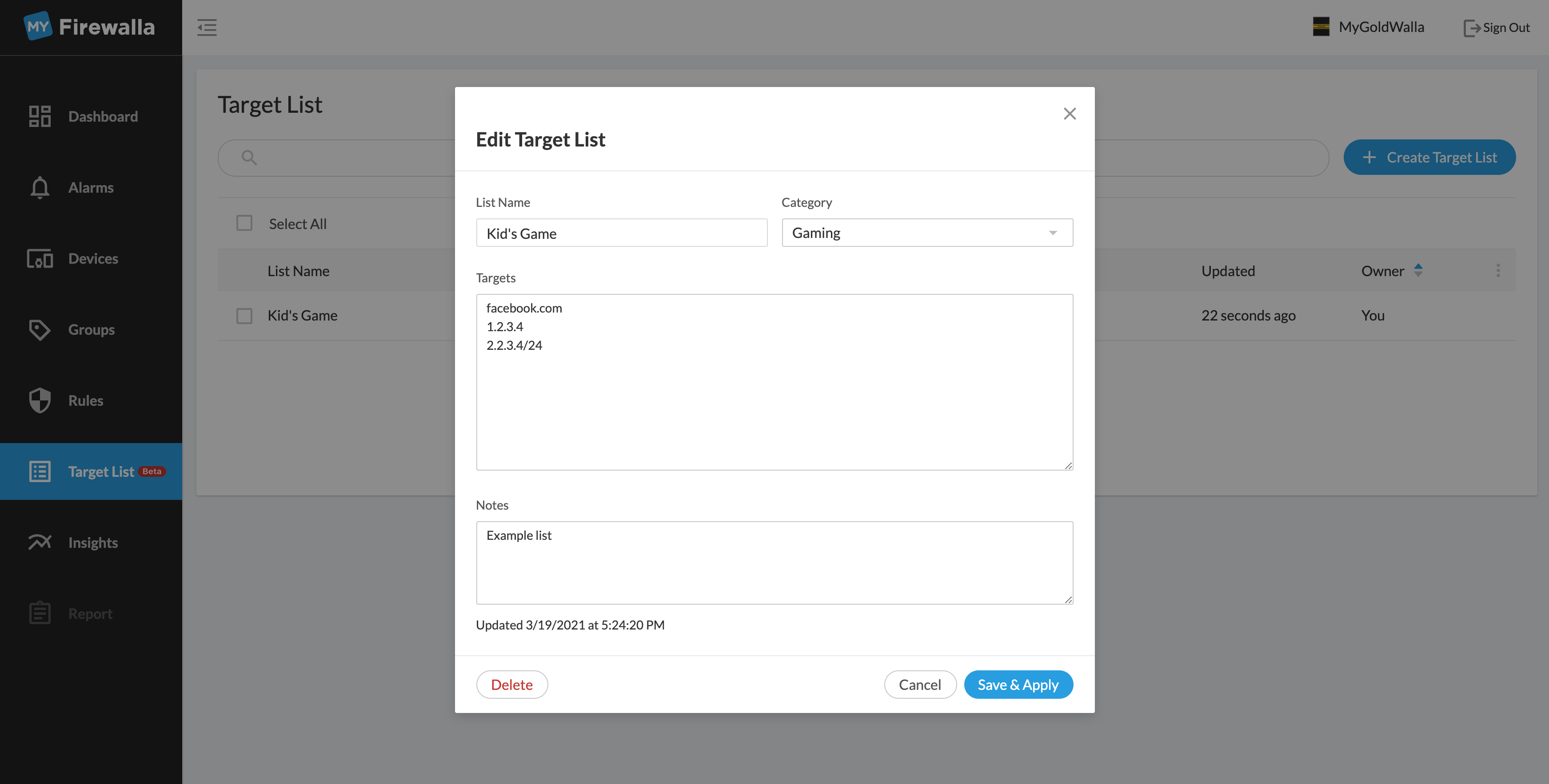 Target list Parental Control Example