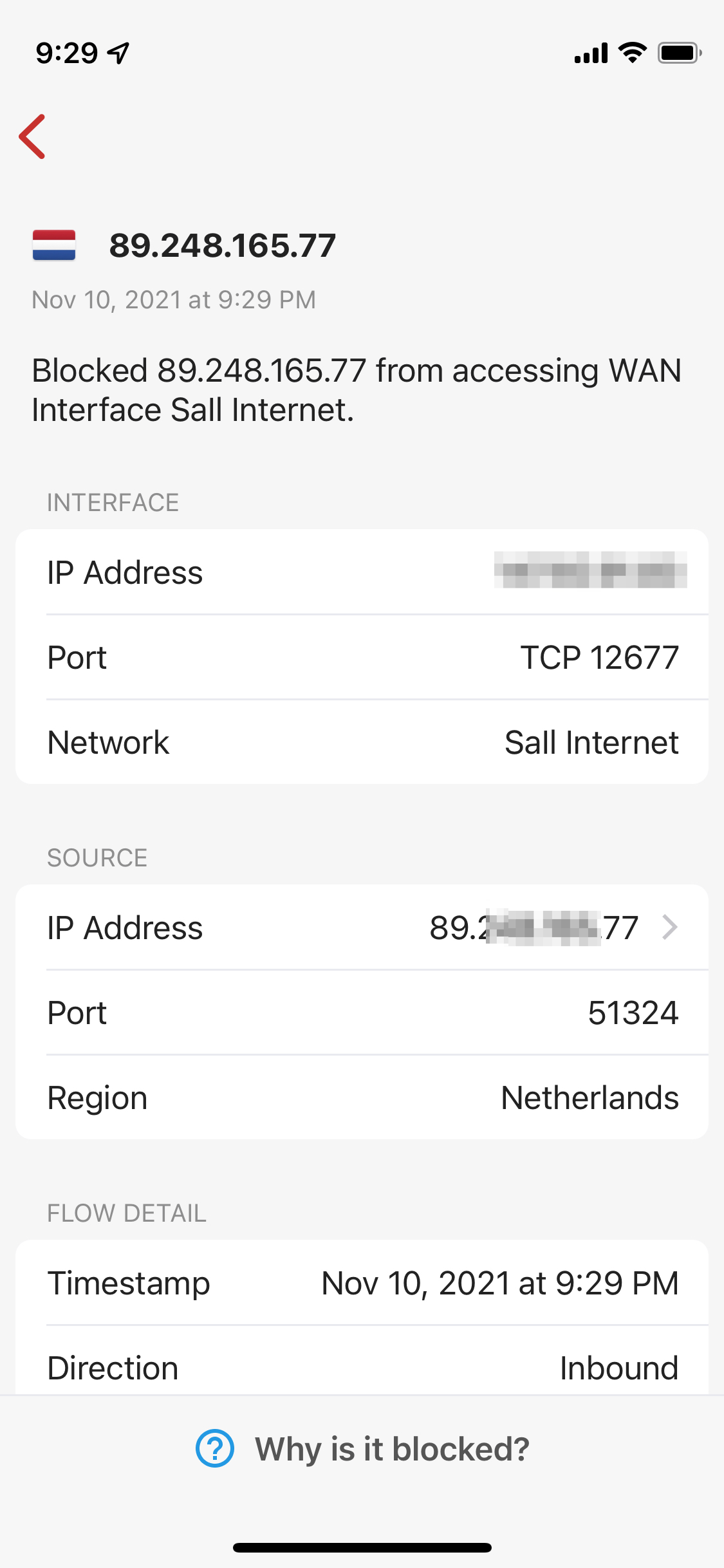 Secure your network by monitoring blocked entries and analyzing the location, destination, WAN connection, and more
