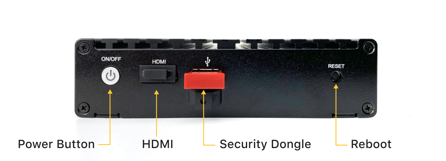 Where to locate the power button, HDMI port, security dongle and reset button if you are troubleshooting to check your internet access 