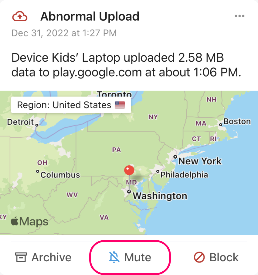 Firewalla Example Alarm Notification muting current and future activity