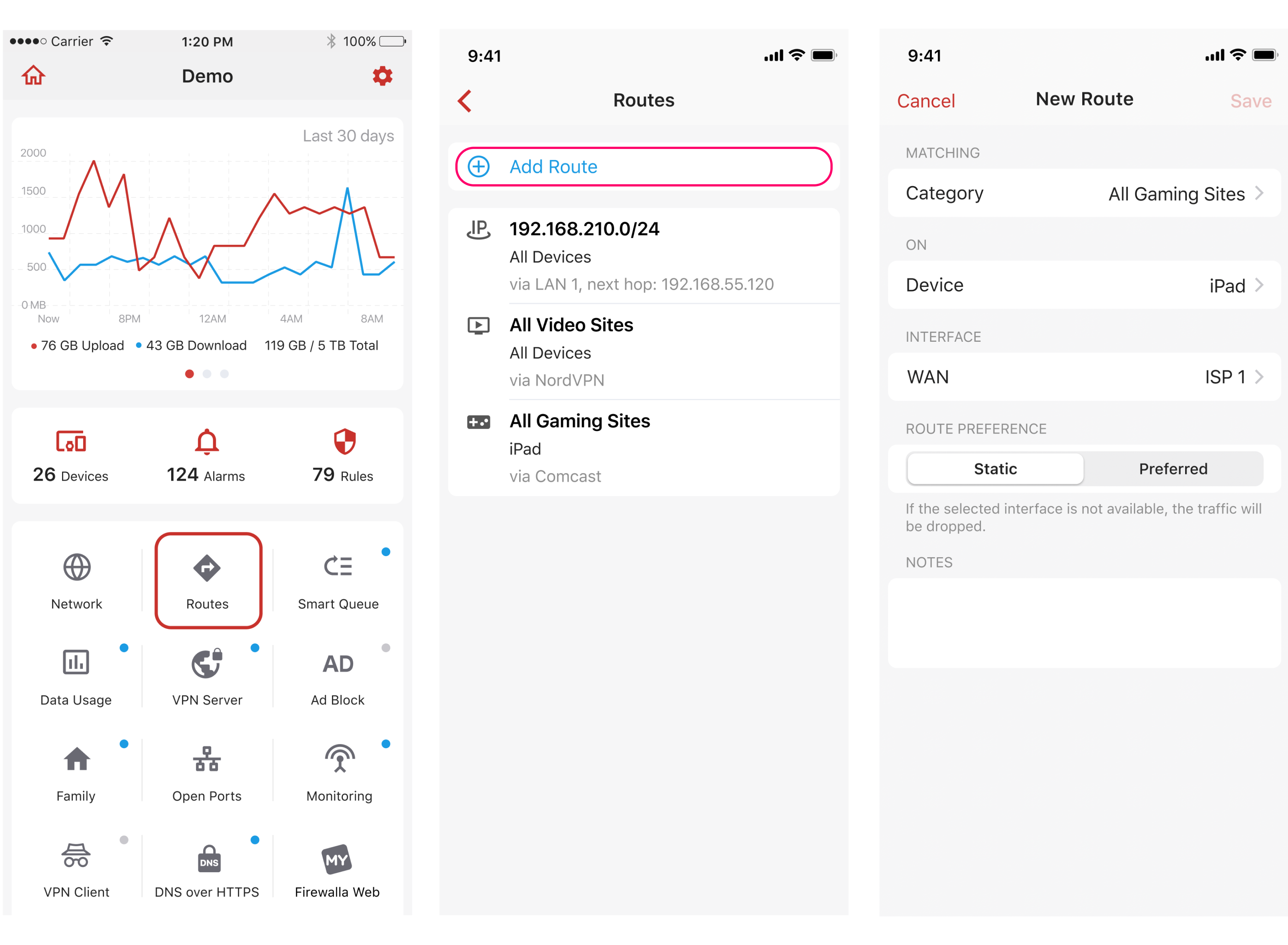 Locate policy base routing on the Firewalla Home Page under 'Routes'