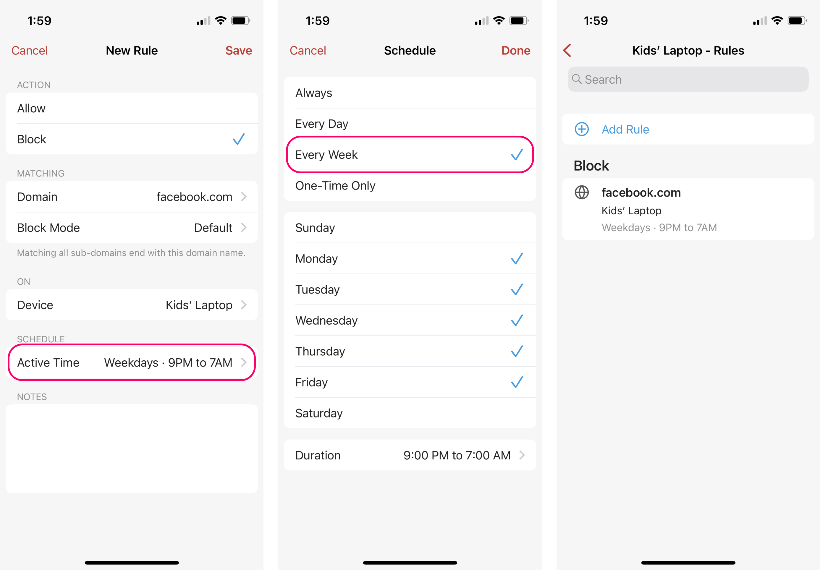 New and current rules can be configured to a specific schedule to restrict access to a matching domain on a device or device group