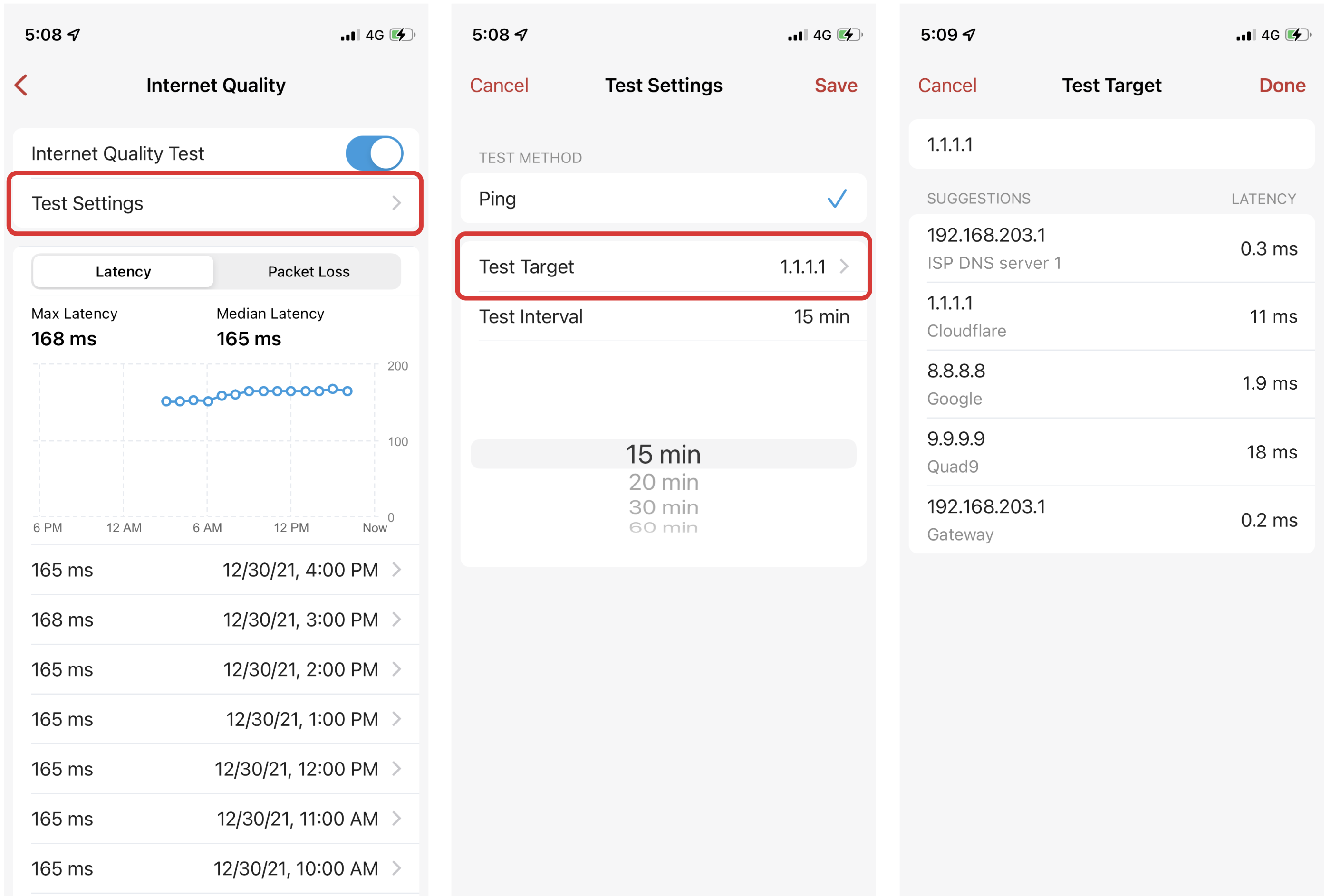 Test Packet Loss - Edit test target to accurately reflect your network quality.