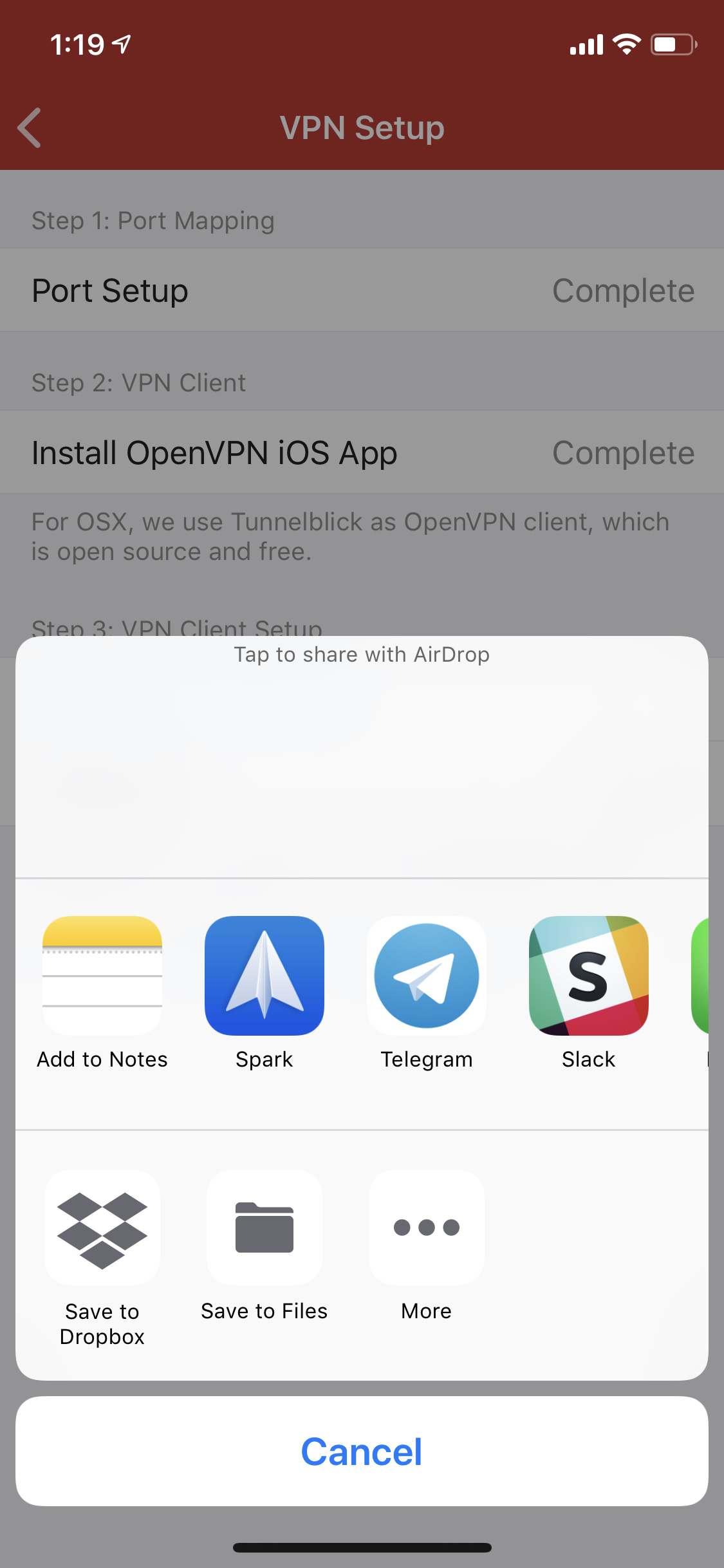 Firewalla IOS share menu with options to send VPN profile via Email OR Dropbox to deliver Firewalla VPN profile to a Windows machine.