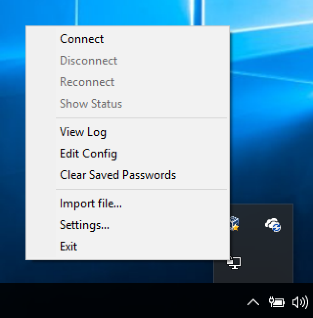 Windows machine systems tray with Open VPN icon, right-click menu with options to Connect, Disconnect, Reconnect, or Show Status.