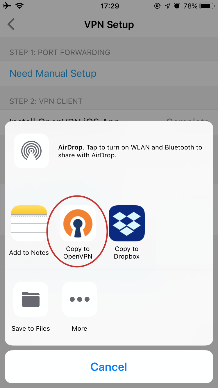 OOpenVPN Mac IOS Firewalla setup - tap 'Copy to OpenVPN', and note the password below.