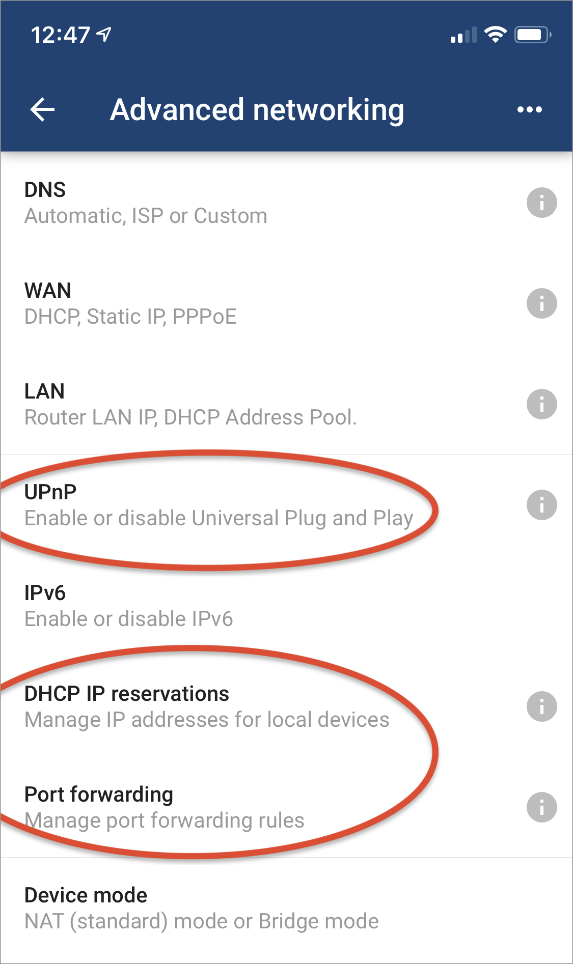 Google WIFI App Advanced Networking settings like UPnP, DHCP IP, and Port Forwarding