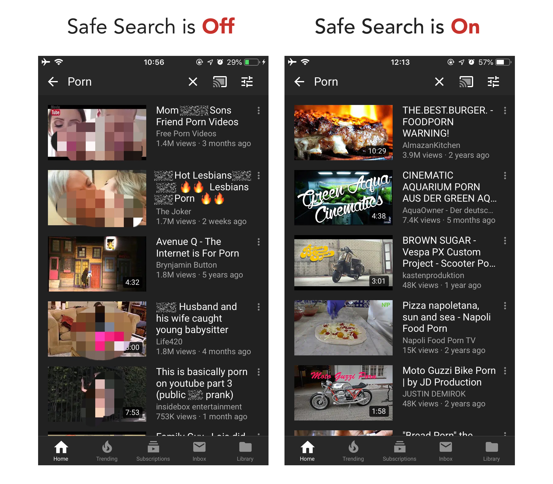 YouTube Safe Search OFF vs. ON