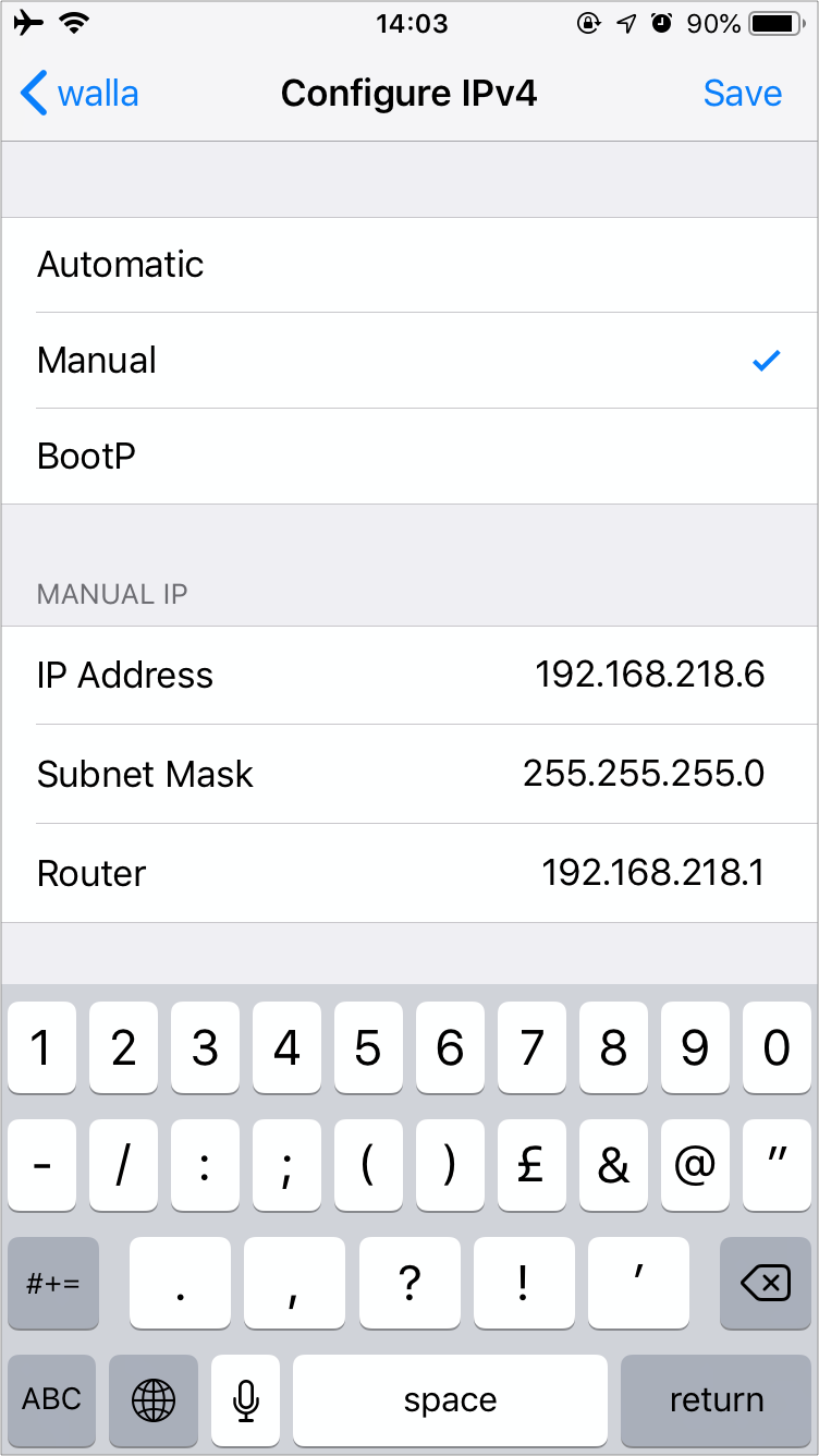 Ensure the IP address, subnet mask, and router are correct. Tap on Save.