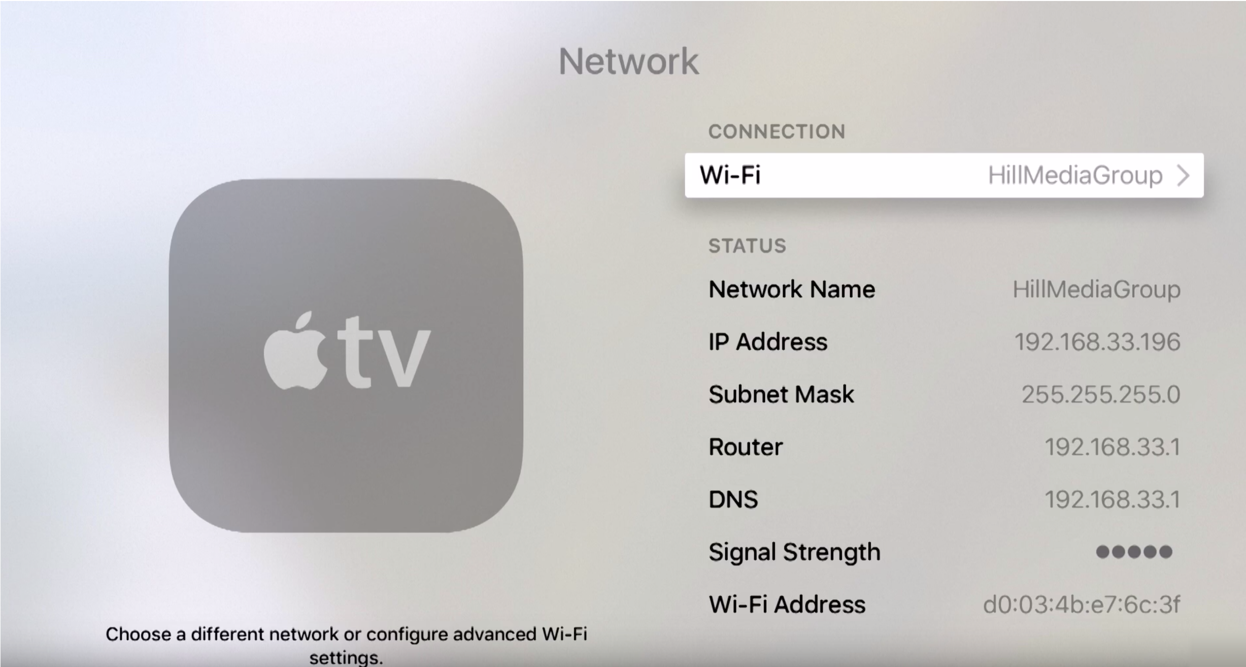 Assign static IP address in Apple TV by selecting your WiFi connection