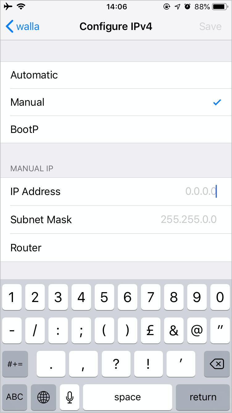 Assign static IP address in IOS within the IP range following the Subnet Mask and Router. Tap on Save.