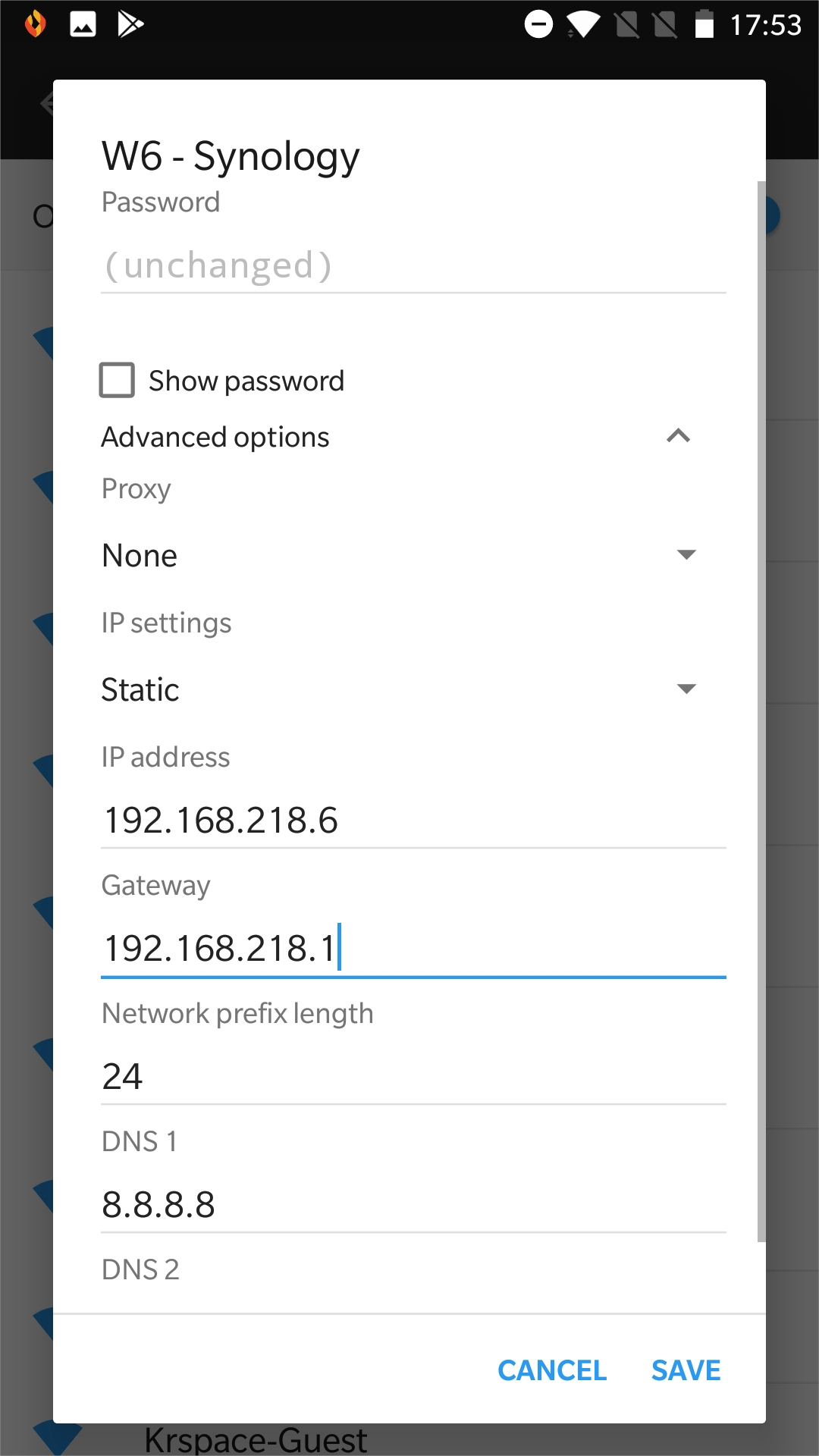 Assign static IP address in Android within the IP range following the Gateway, Network prefix length, and DNS or Local DNS. Tap on Save.