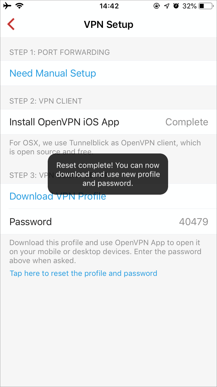 Reset VPN Profile complete notification