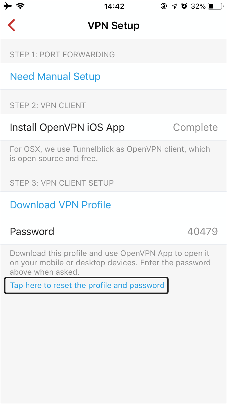Resent VPN Profile and password located at the bottom of the page menu