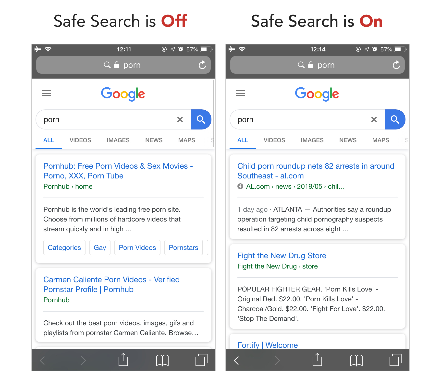 Safe search off and safe s each on examples of what your kid will see online