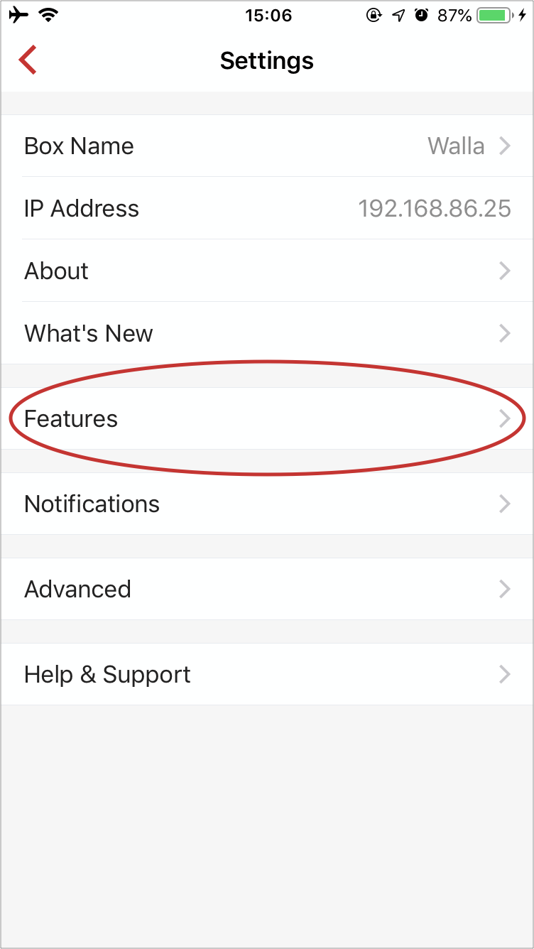 Firewalla settings menu with 'Features' option selected