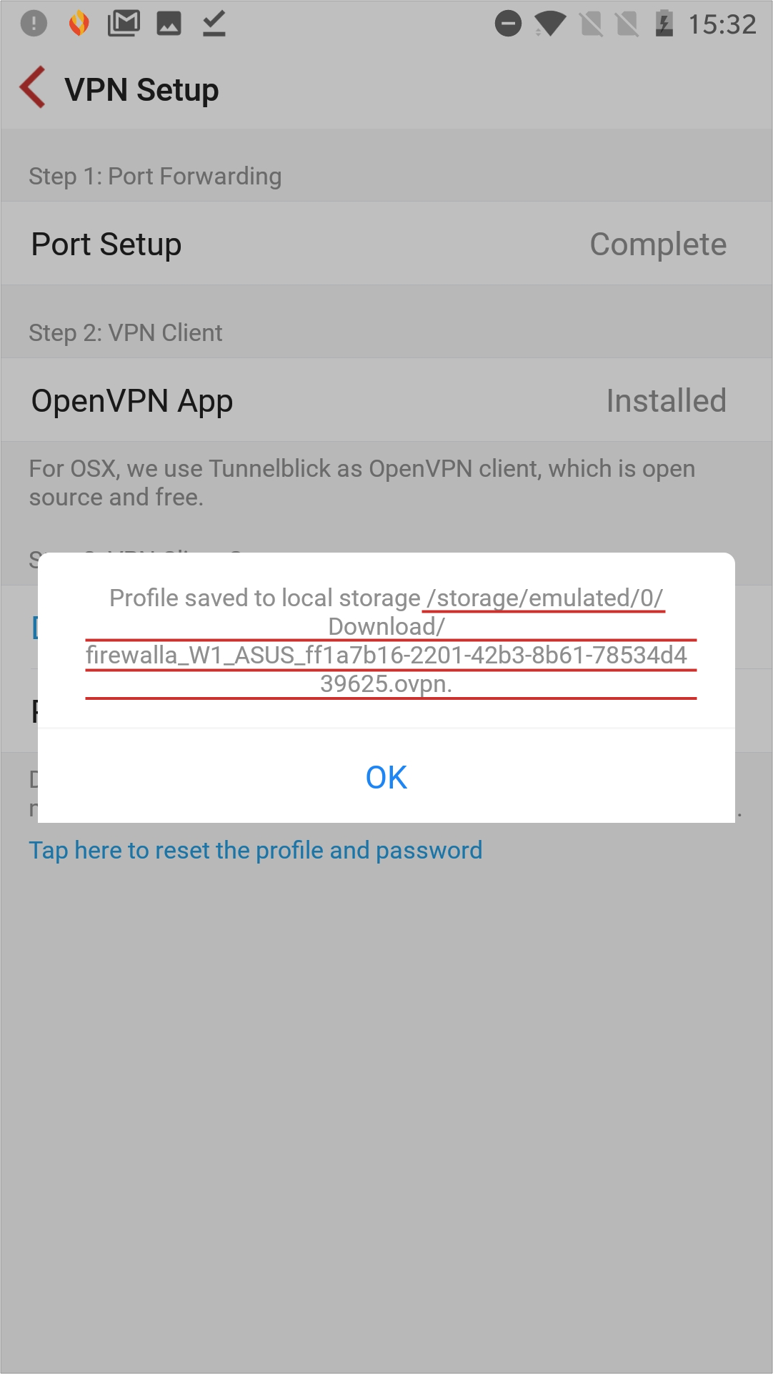 Android VPN client profile for OpenVPN successfully stored on device