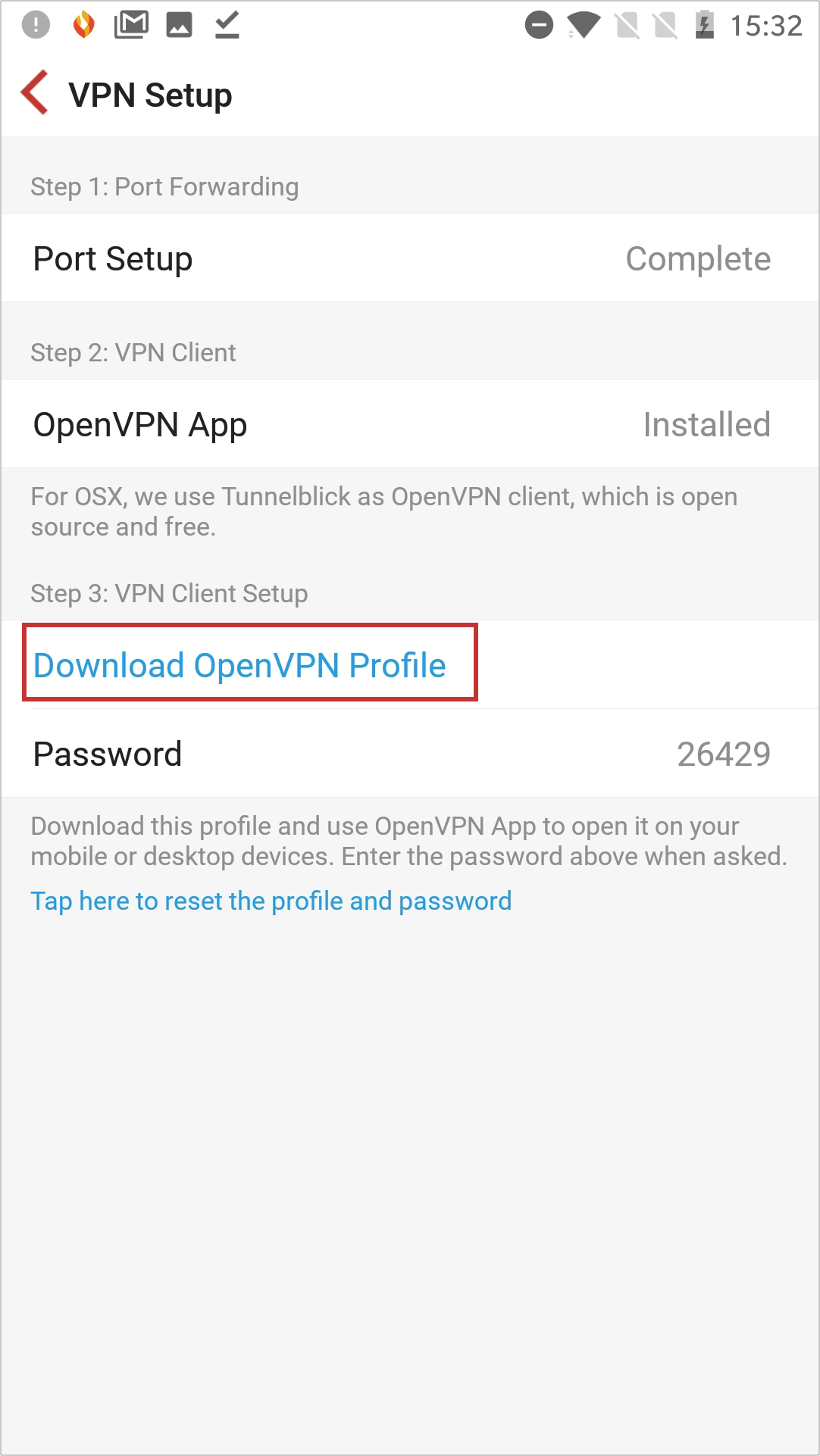 Firewalla app with downloadable Android VPN client profile for OpenVPN