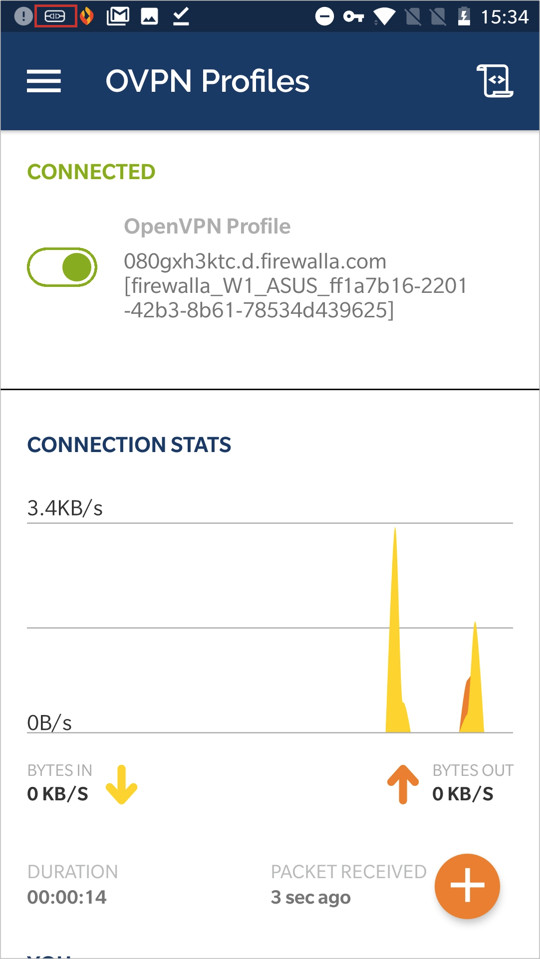 Android VPN client OpenVPN profile toggle 'ON' with connection stats