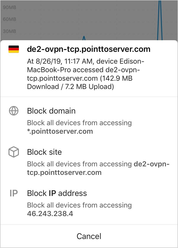 German domain connected to Firewalla router with options to block domain, block site, or block IP address.