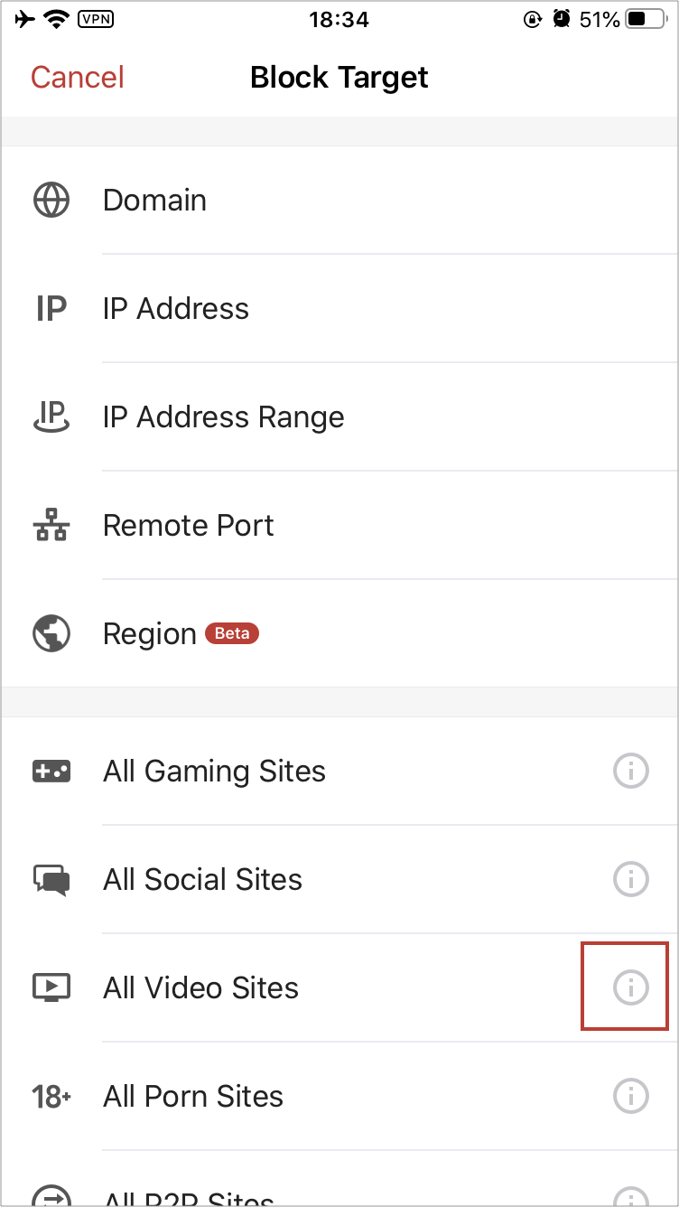 A List of target categories can be found within the list, the i icon will display all included targets, to add new targets tap on the +