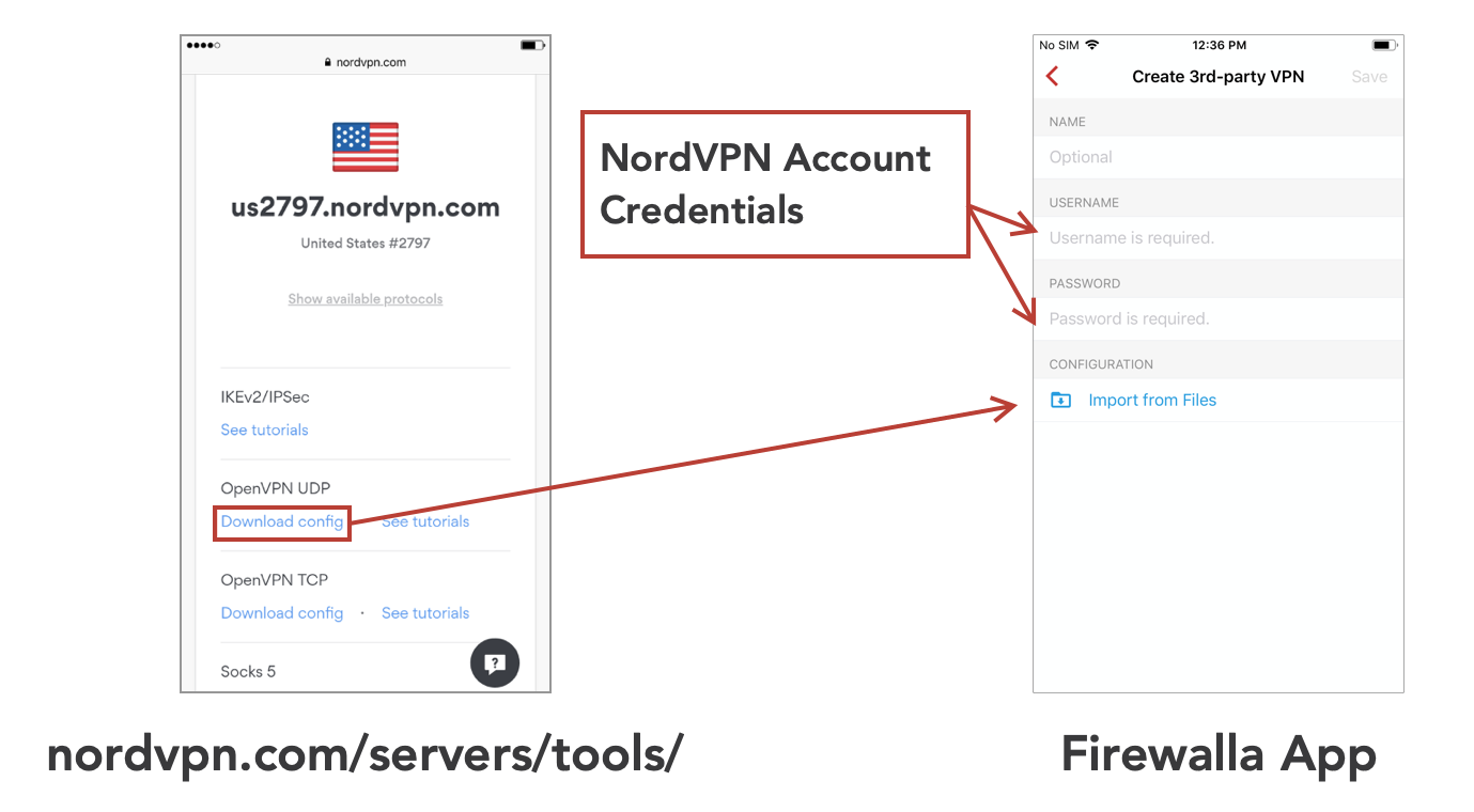 Import config files from NordVPN, account credentials, and save the profile