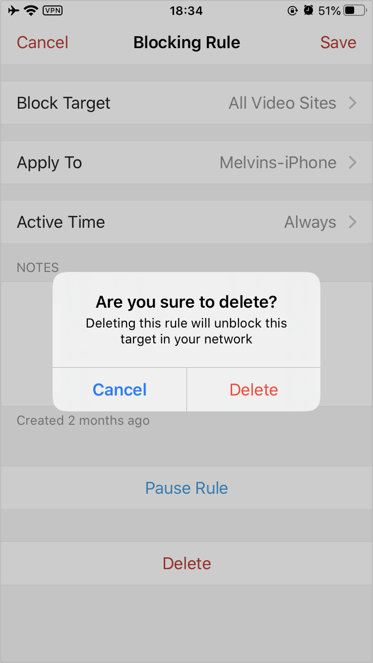 Delete rules by locating the delete button on any rule's detail page