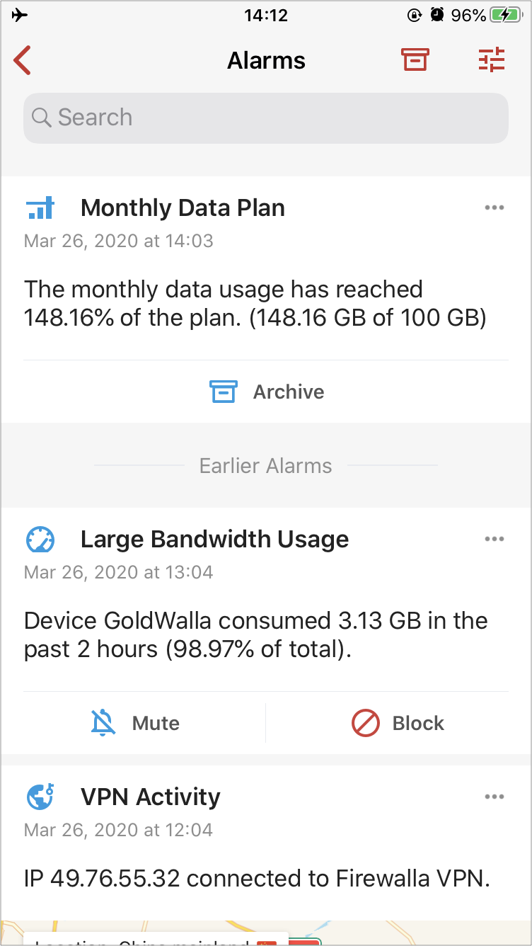 Monitoring Internet usage with Firewalla's monthly data plan alarms